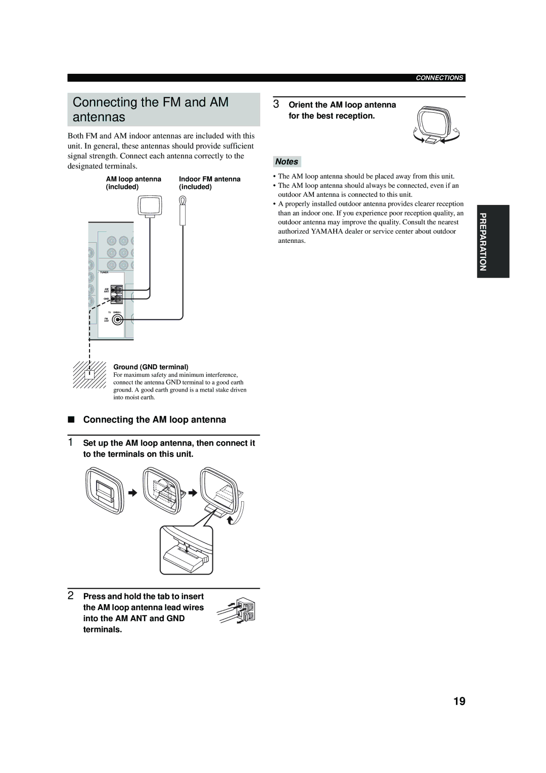 Yamaha RX-V457 owner manual Connecting the FM and AM antennas, Connecting the AM loop antenna 