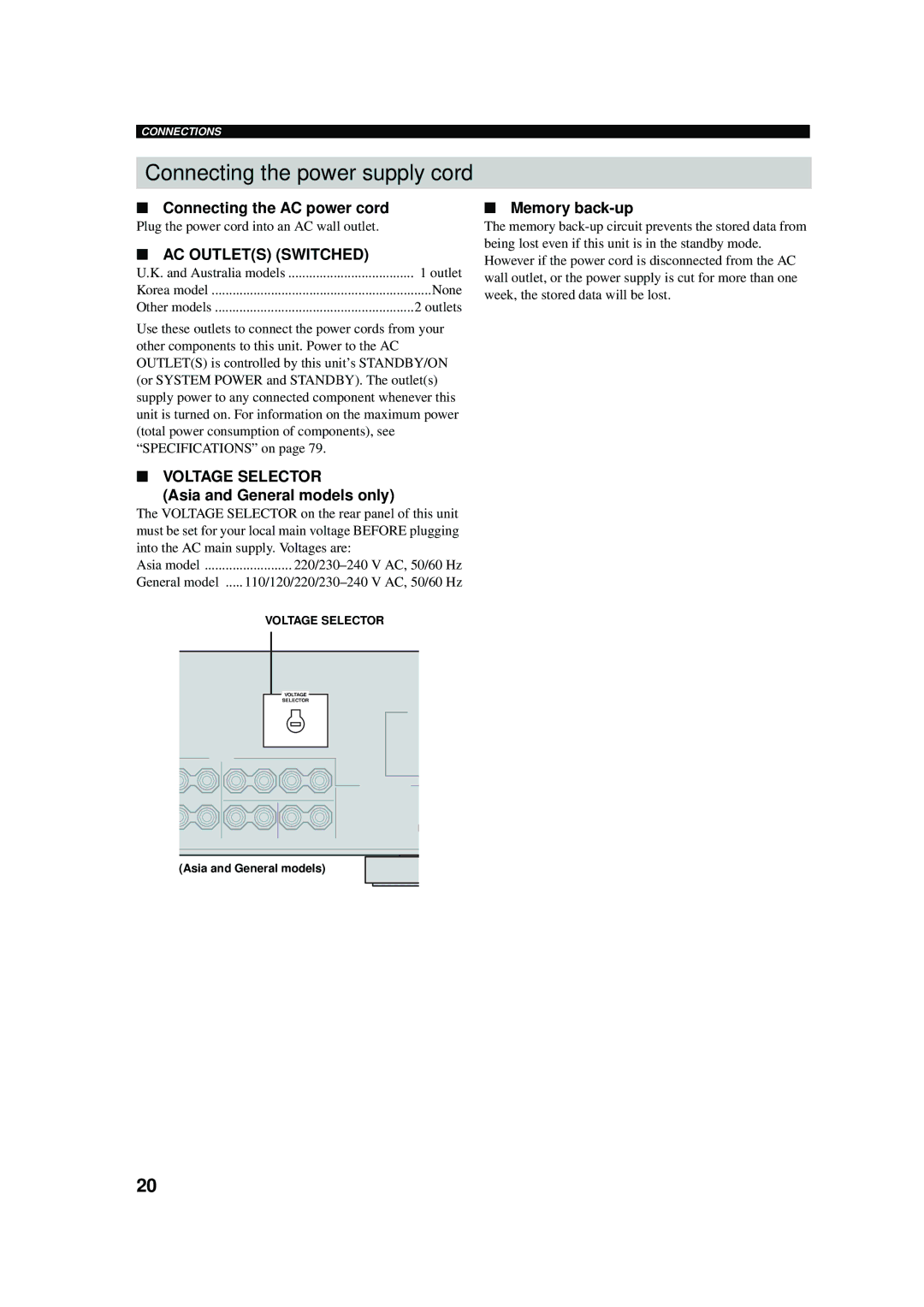 Yamaha RX-V457 owner manual Connecting the AC power cord, Memory back-up 