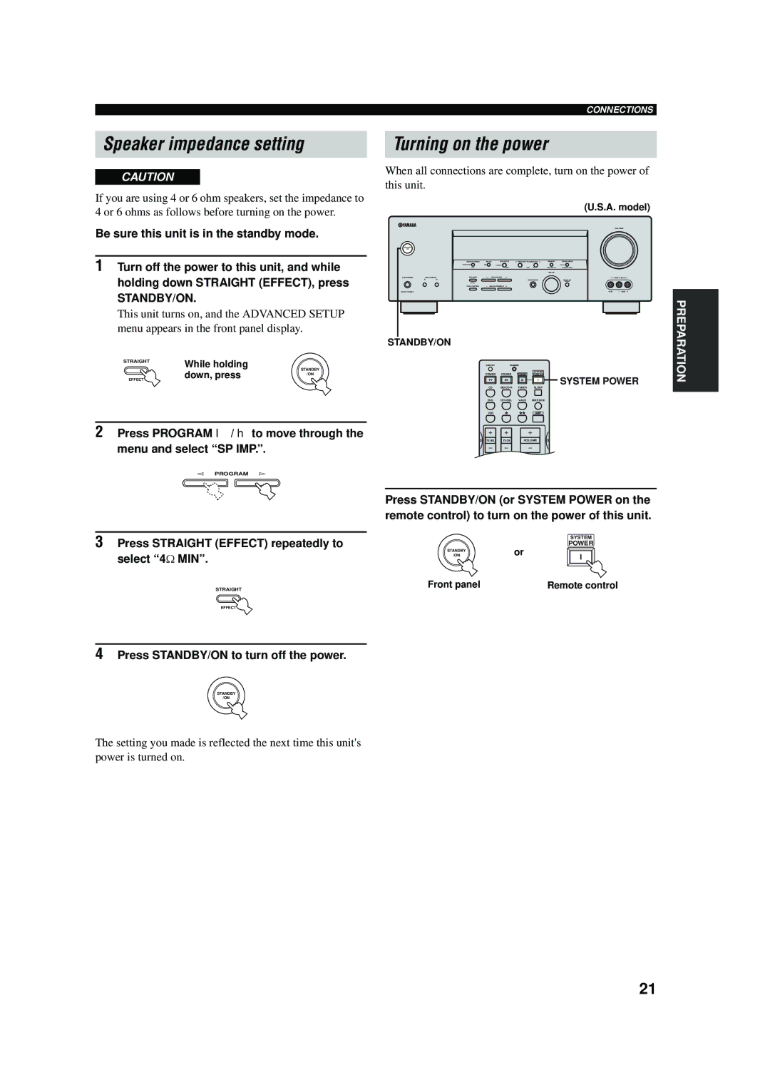 Yamaha RX-V457 Speaker impedance setting, Turning on the power, Press Straight Effect repeatedly to select 4 Ω MIN 