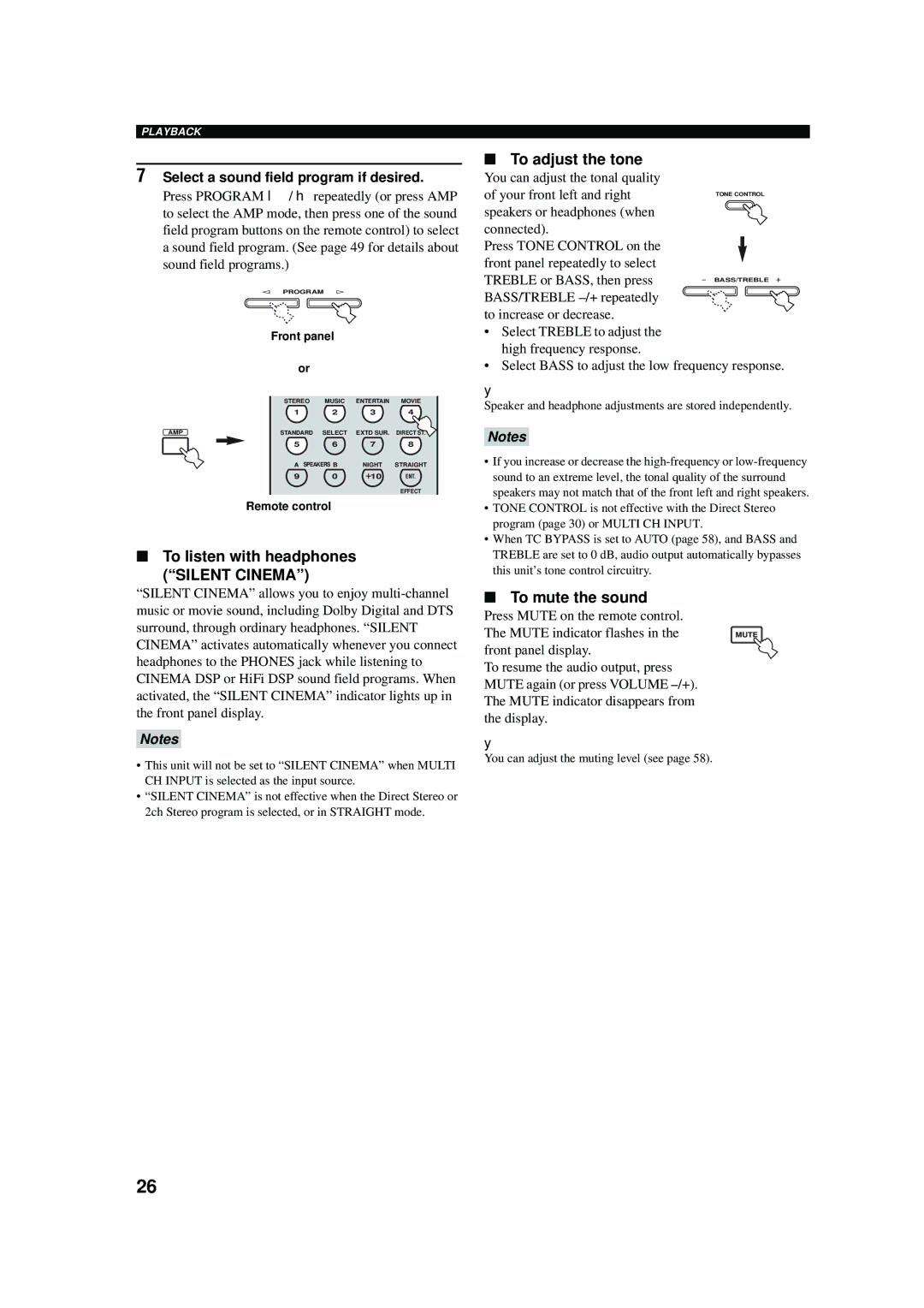 Yamaha RX-V457 To listen with headphones, To adjust the tone, To mute the sound, Select a sound field program if desired 