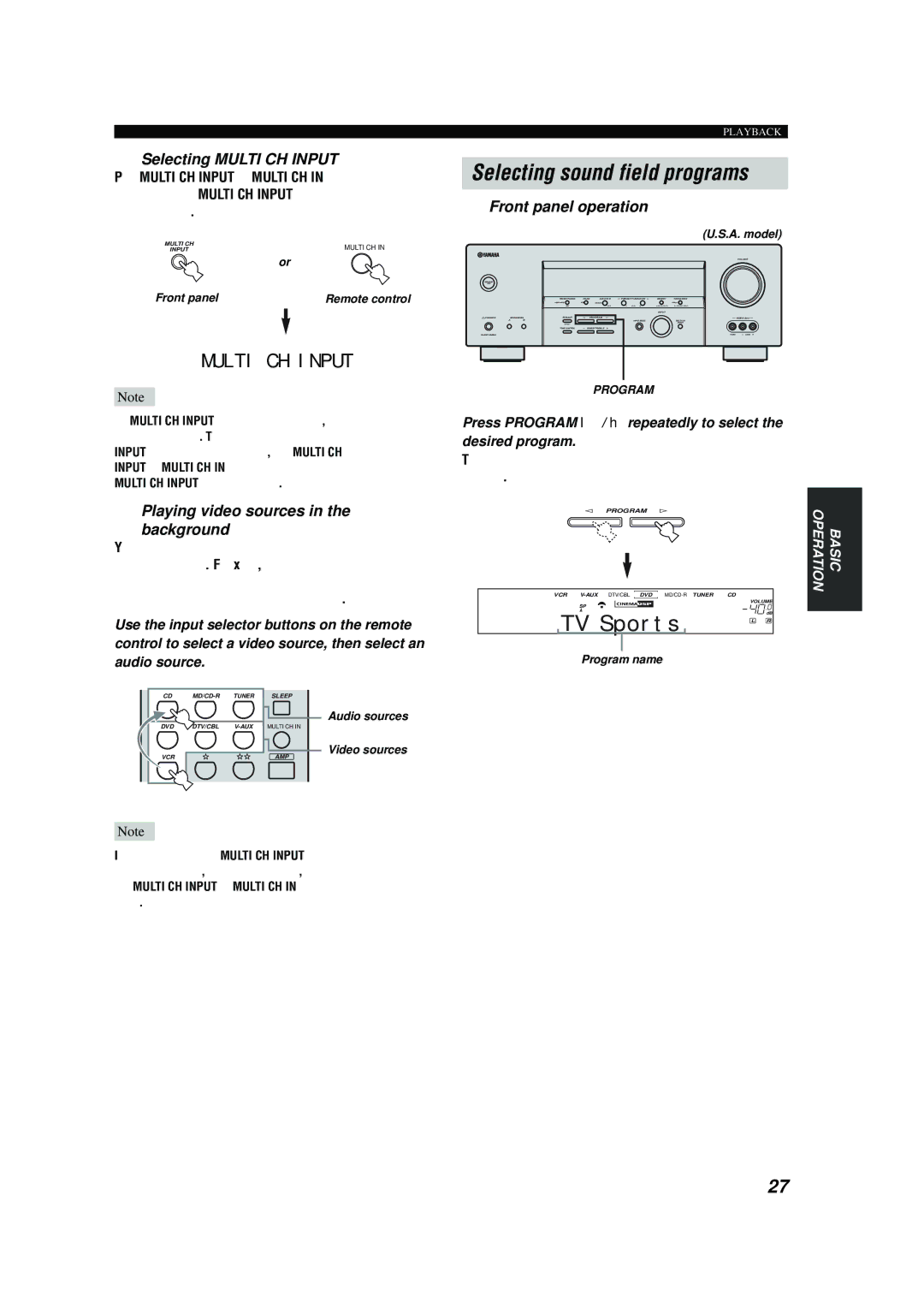 Yamaha RX-V457 owner manual Selecting Multi CH Input, Playing video sources Background, Front panel operation 