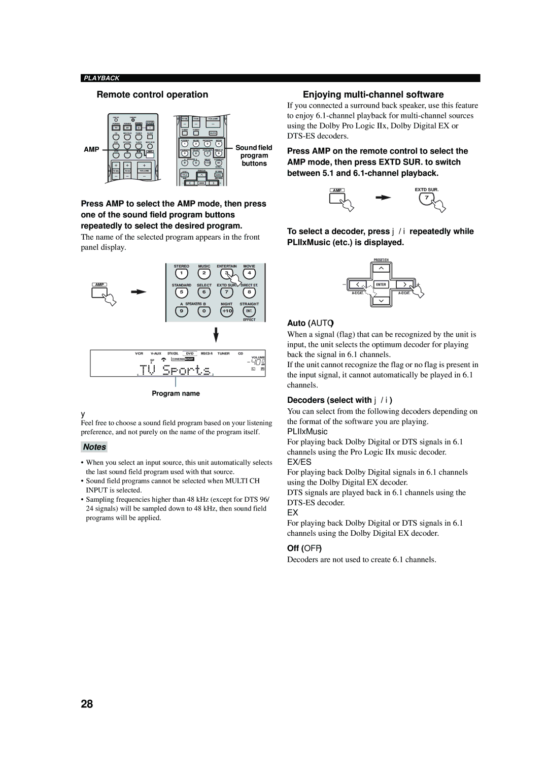 Yamaha RX-V457 Remote control operation Enjoying multi-channel software, Auto Auto, Decoders select with j, Off OFF 