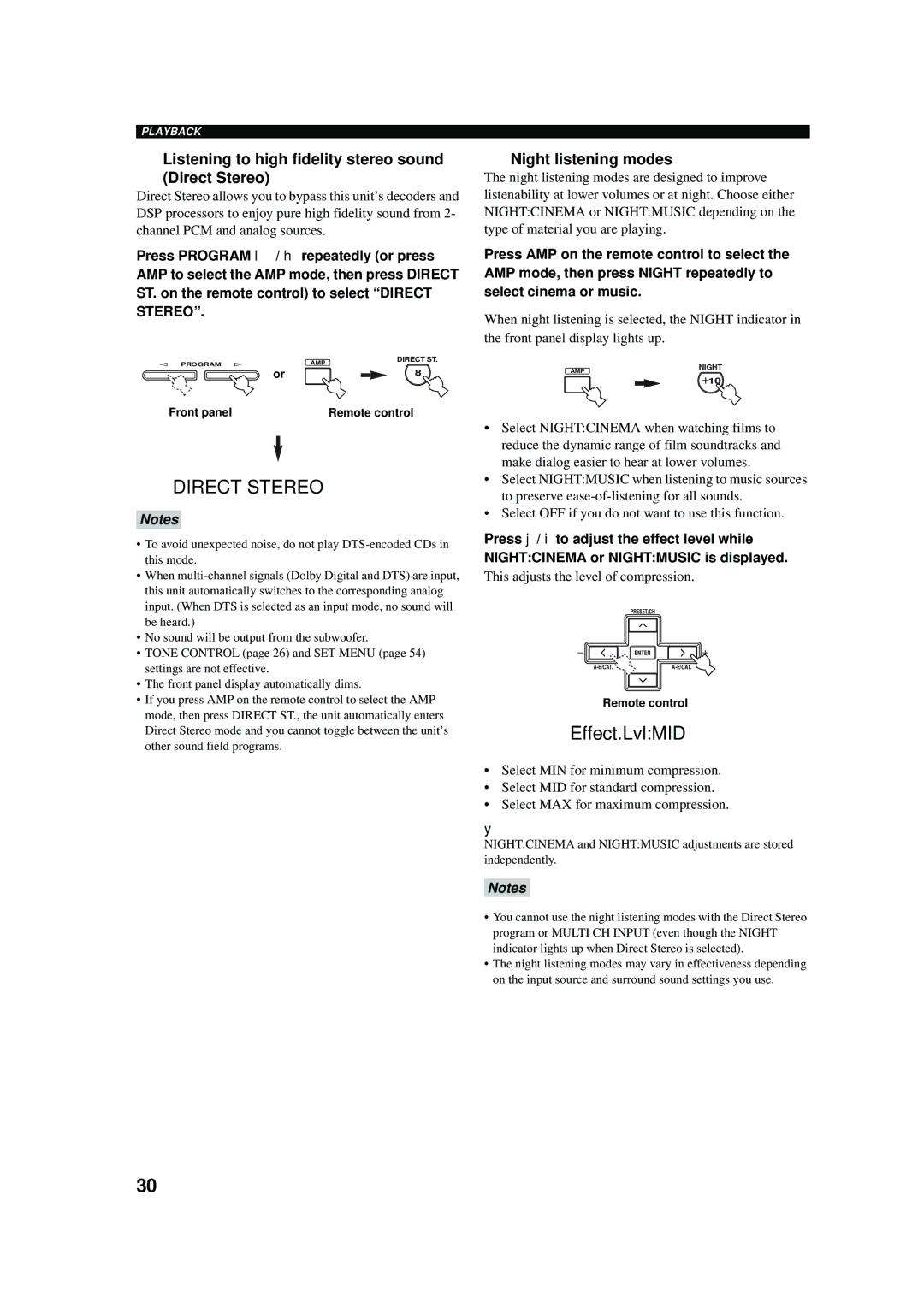 Yamaha RX-V457 owner manual Listening to high fidelity stereo sound Direct Stereo, Night listening modes 