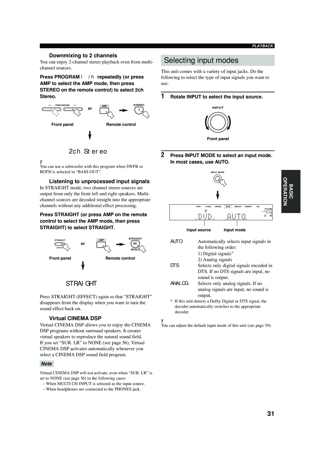 Yamaha RX-V457 Selecting input modes, Downmixing to 2 channels, Listening to unprocessed input signals, Virtual Cinema DSP 