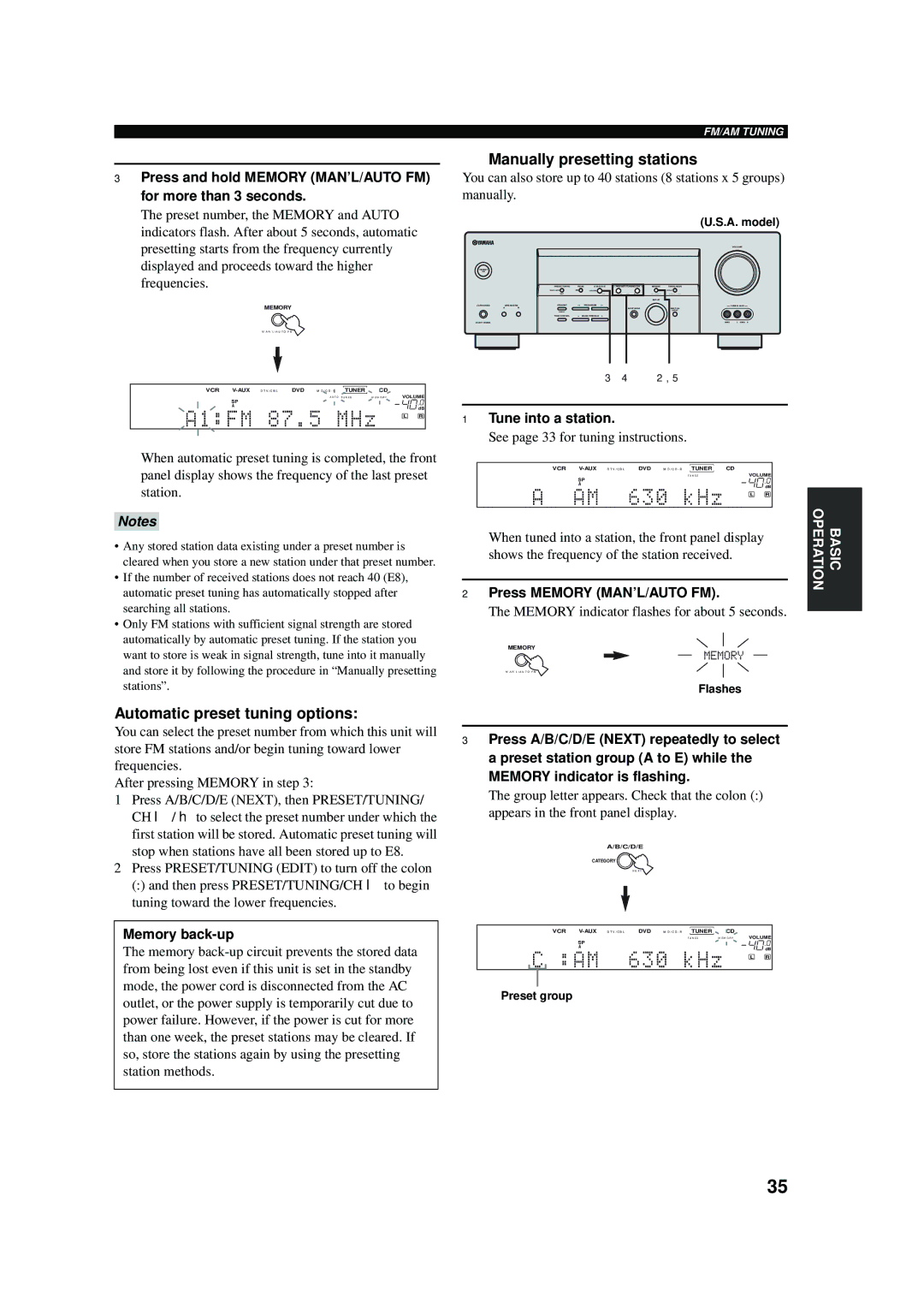 Yamaha RX-V457 owner manual Manually presetting stations, Automatic preset tuning options 