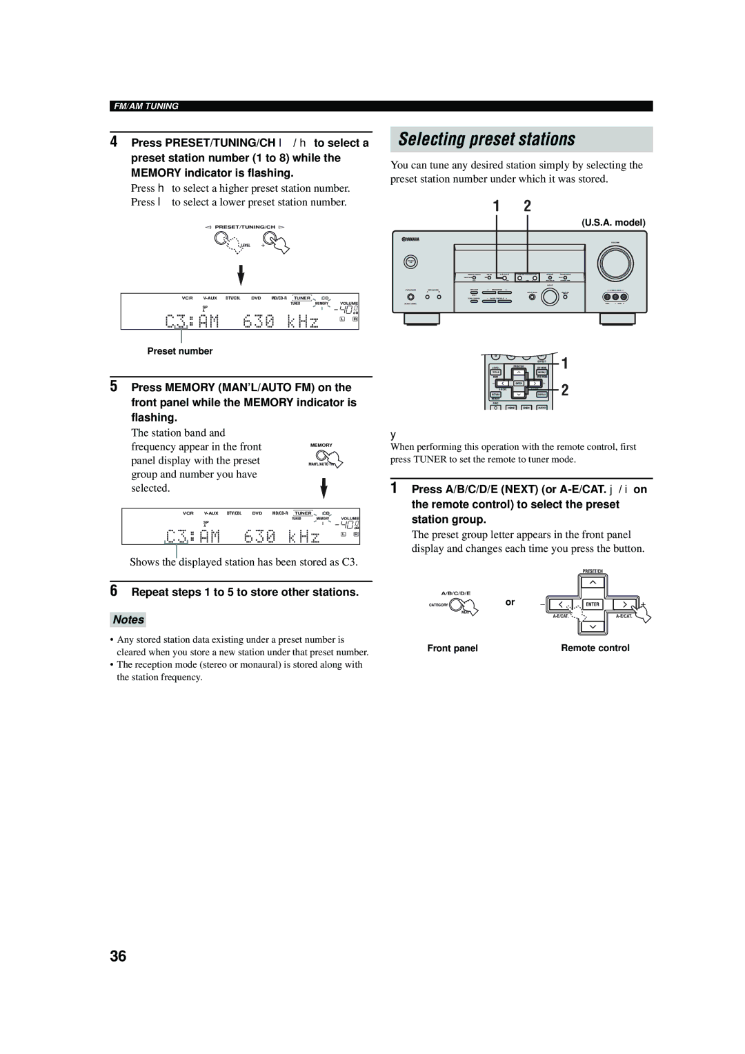 Yamaha RX-V457 owner manual Selecting preset stations, Shows the displayed station has been stored as C3 