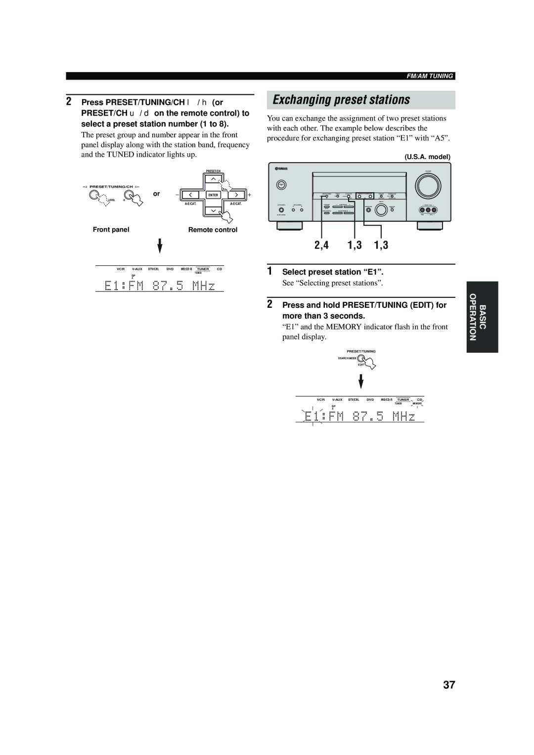 Yamaha RX-V457 owner manual Exchanging preset stations, Select preset station E1, See Selecting preset stations 