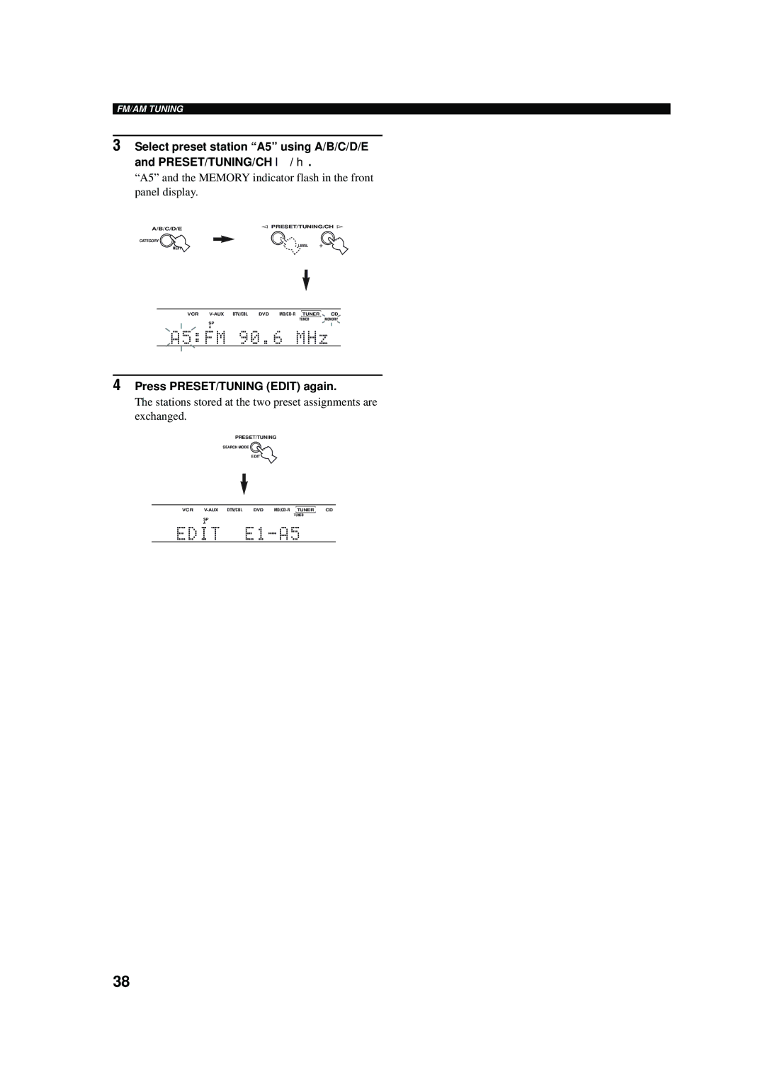 Yamaha RX-V457 owner manual Press PRESET/TUNING Edit again, Stations stored at the two preset assignments are exchanged 