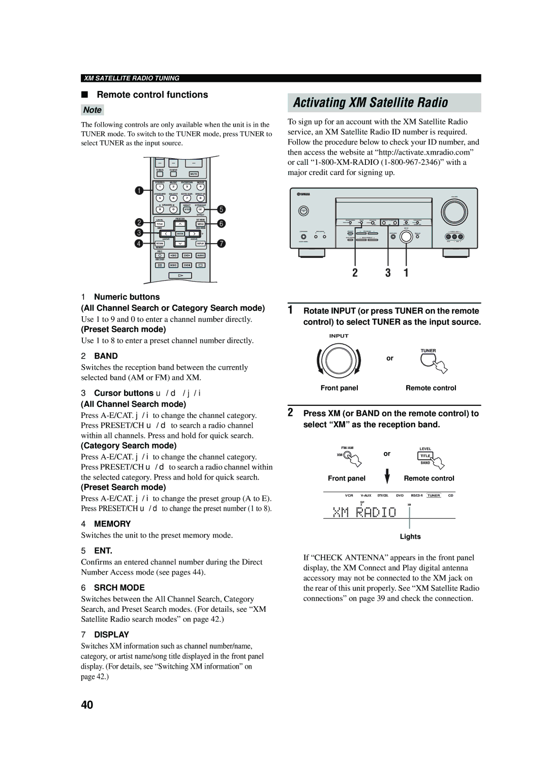 Yamaha RX-V457 owner manual Activating XM Satellite Radio, Remote control functions, Band, Srch Mode 