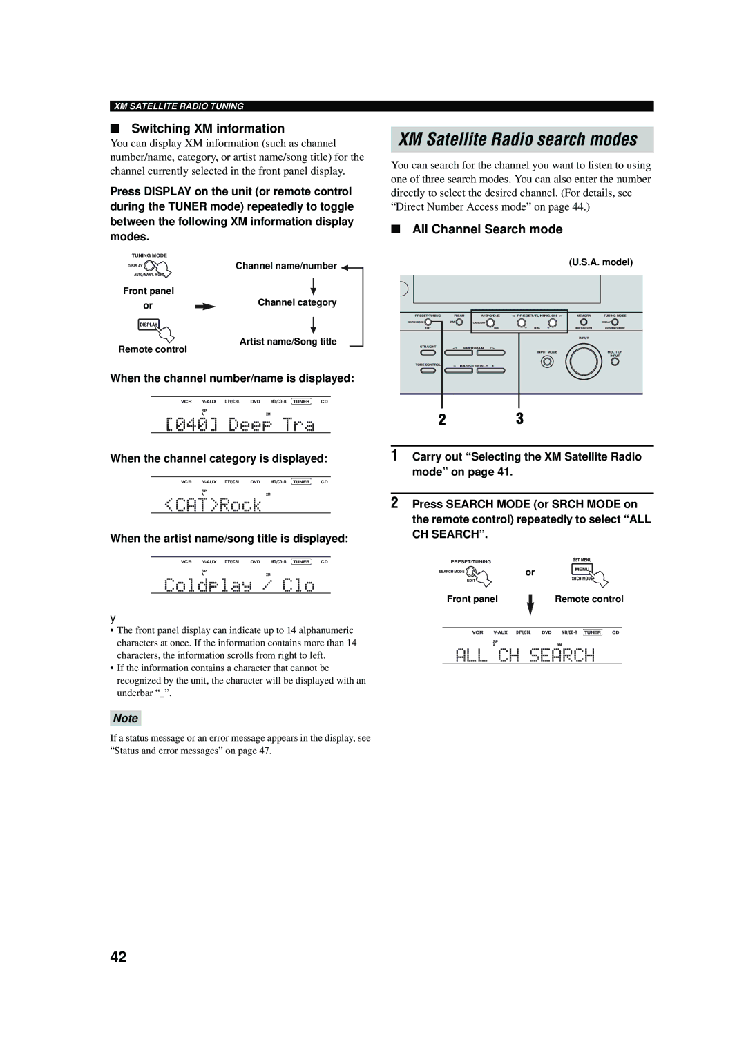 Yamaha RX-V457 owner manual XM Satellite Radio search modes, Switching XM information, All Channel Search mode 