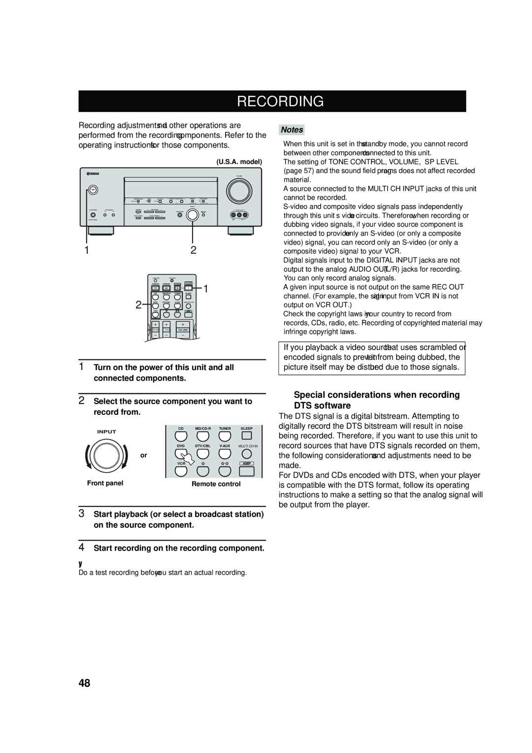 Yamaha RX-V457 owner manual Recording, Special considerations when recording DTS software 