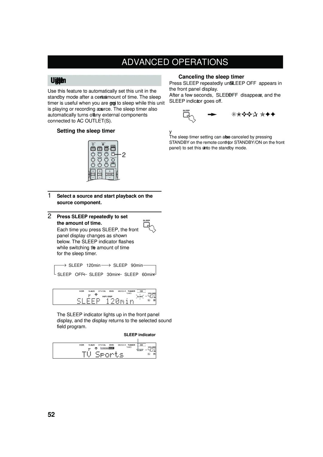 Yamaha RX-V457 owner manual Advanced Operations, Using the sleep timer, Setting the sleep timer, Canceling the sleep timer 