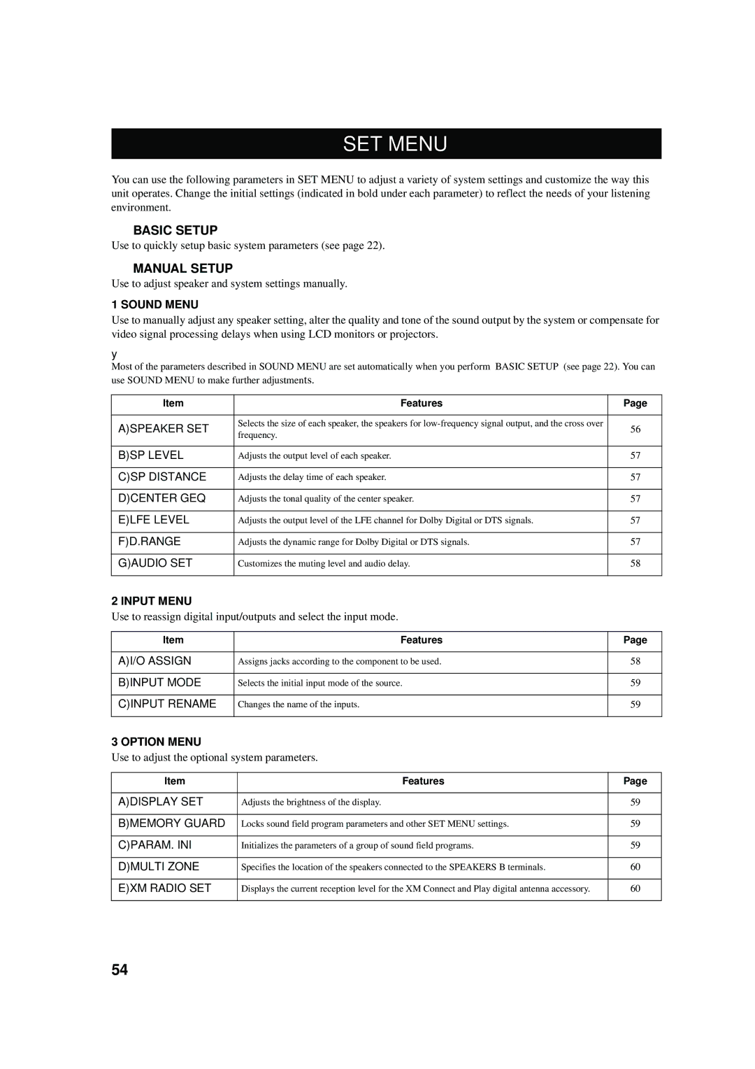 Yamaha RX-V457 owner manual SET Menu, Sound Menu, Input Menu, Option Menu 