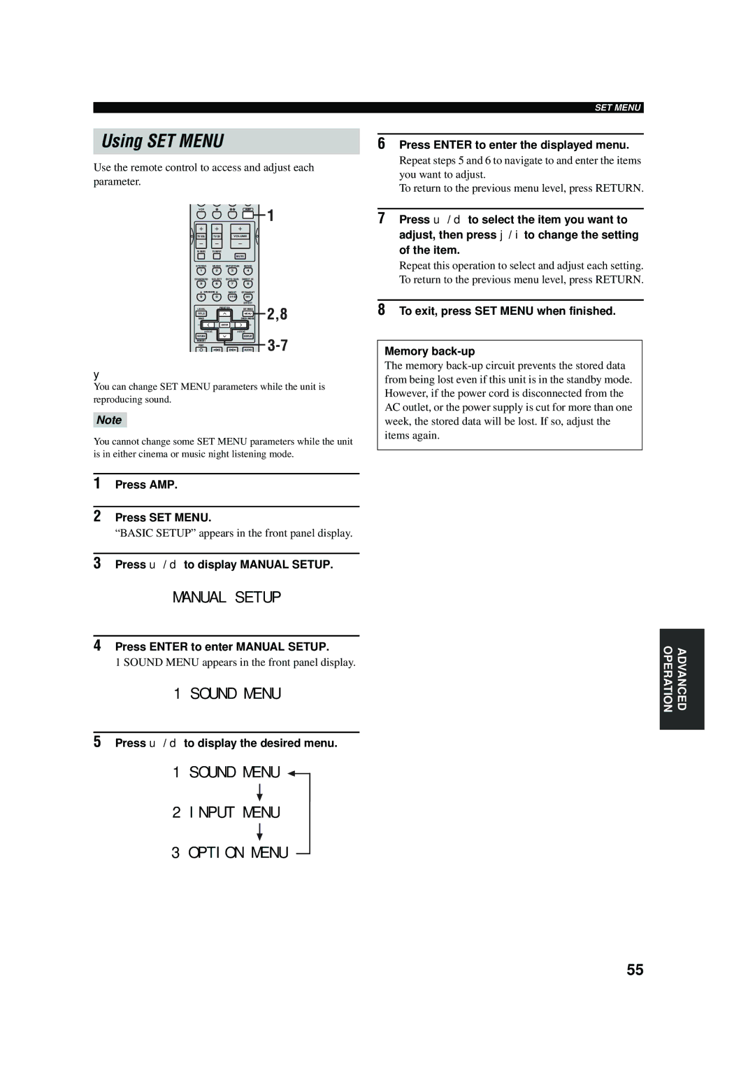 Yamaha RX-V457 owner manual Using SET Menu 