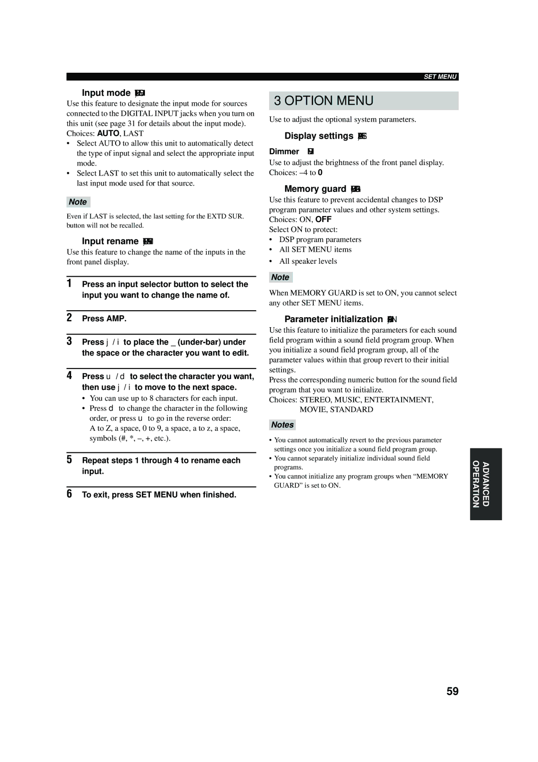 Yamaha RX-V457 owner manual Display settings Adisplay SET, Parameter initialization CPARAM. INI, Dimmer Dimmer 