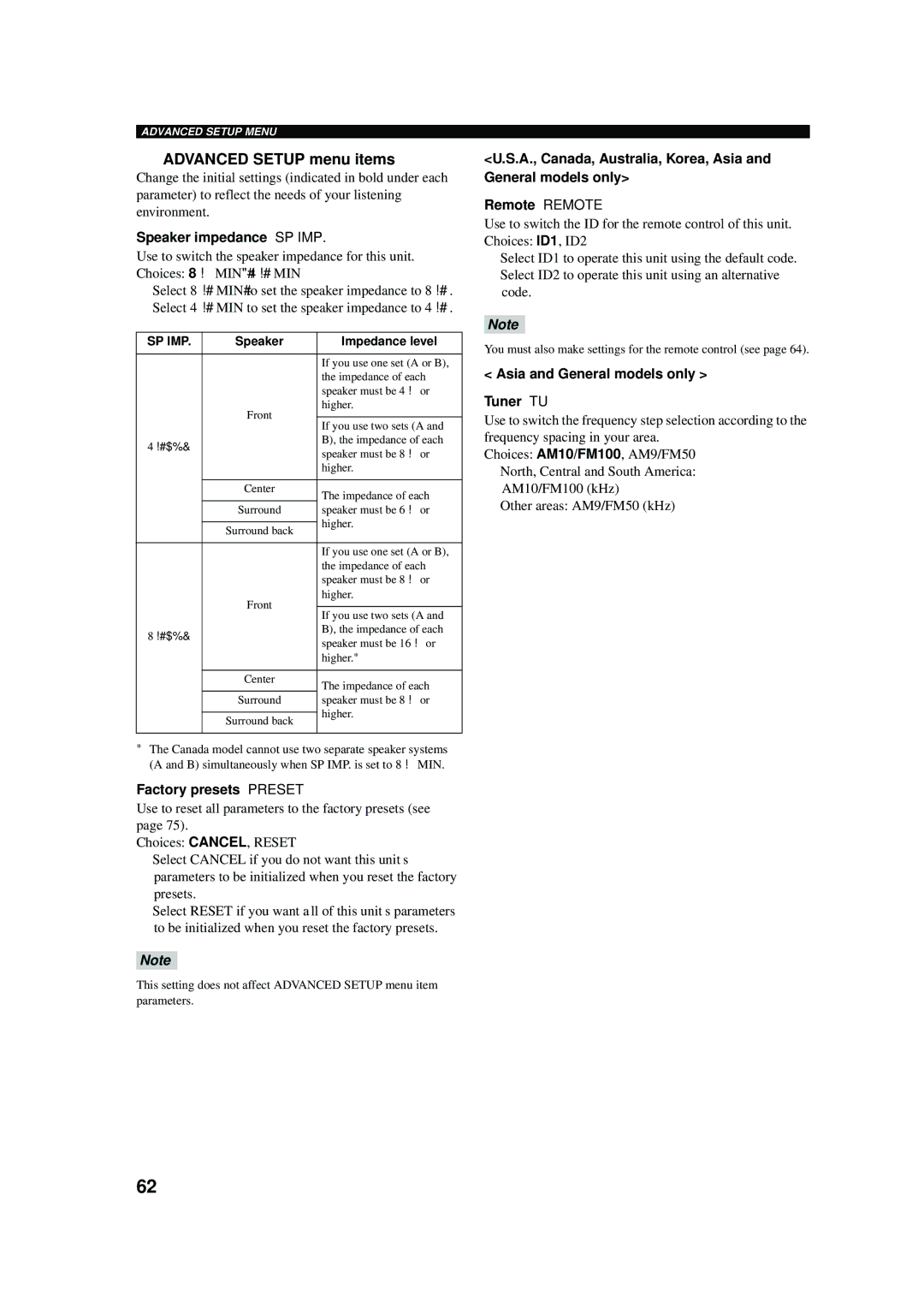 Yamaha RX-V457 owner manual Advanced Setup menu items, Speaker impedance SP IMP, Factory presets Preset 