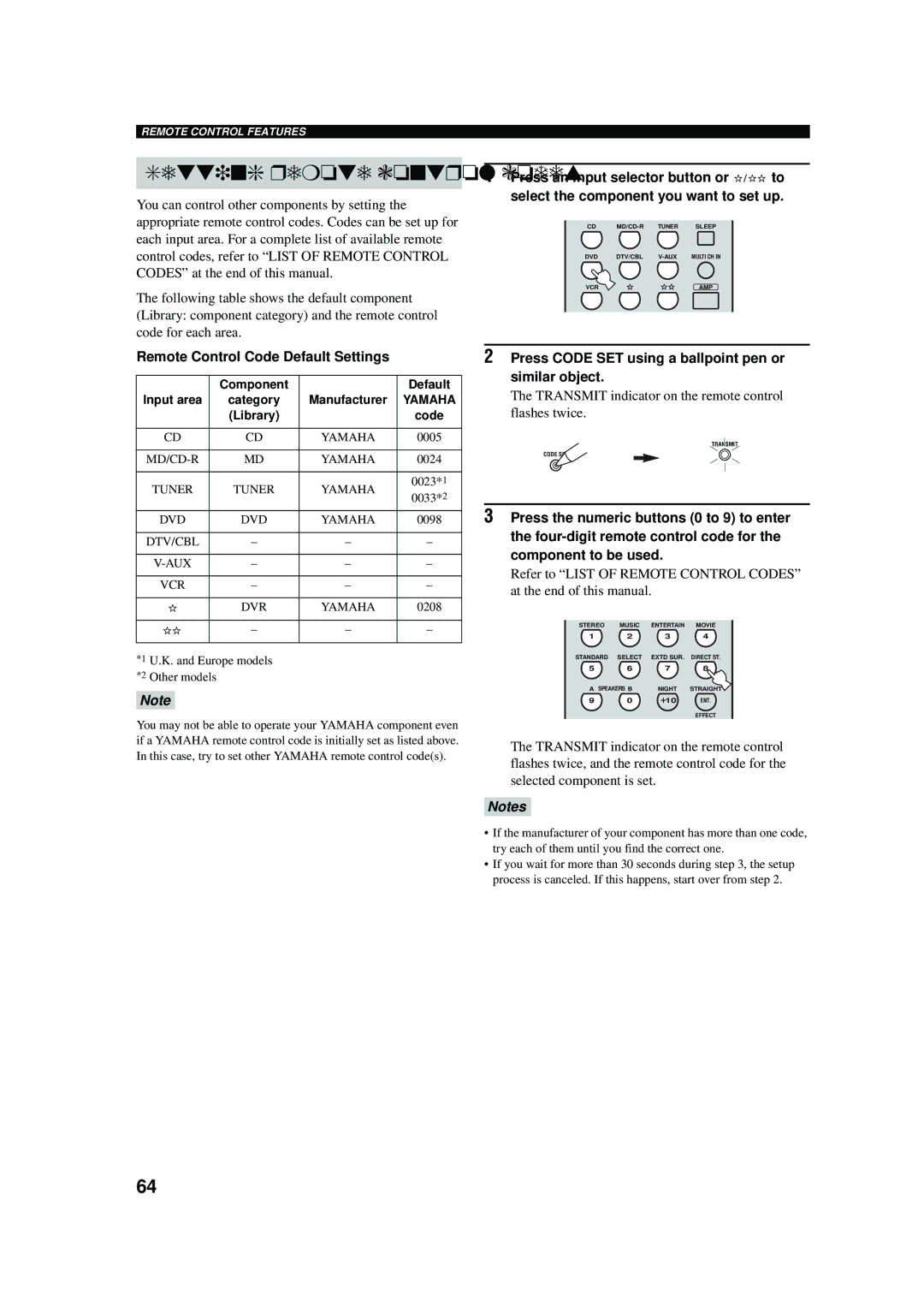 Yamaha RX-V457 owner manual Setting remote control codes, Remote Control Code Default Settings 