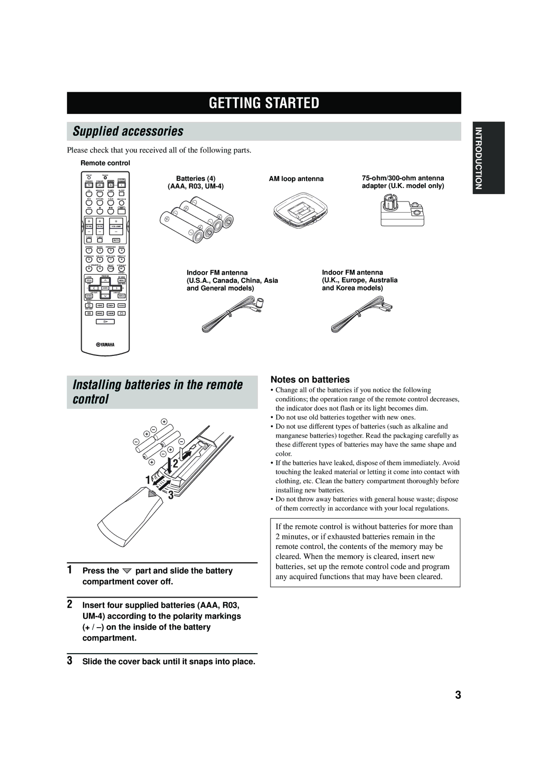 Yamaha RX-V457 owner manual Getting Started, Supplied accessories, Installing batteries in the remote control 