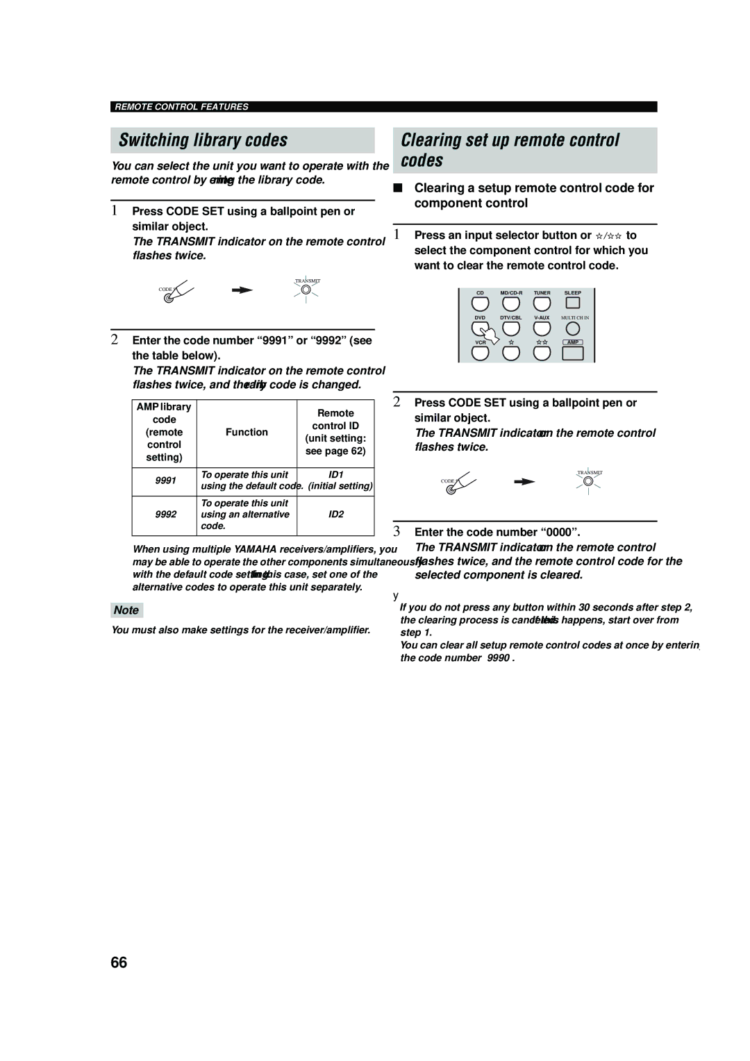 Yamaha RX-V457 owner manual Switching library codes, Clearing set up remote control codes, Enter the code number 