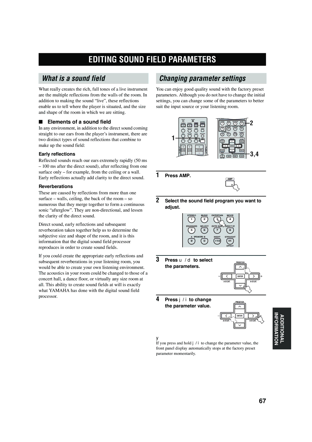 Yamaha RX-V457 owner manual Editing Sound Field Parameters, What is a sound field Changing parameter settings 