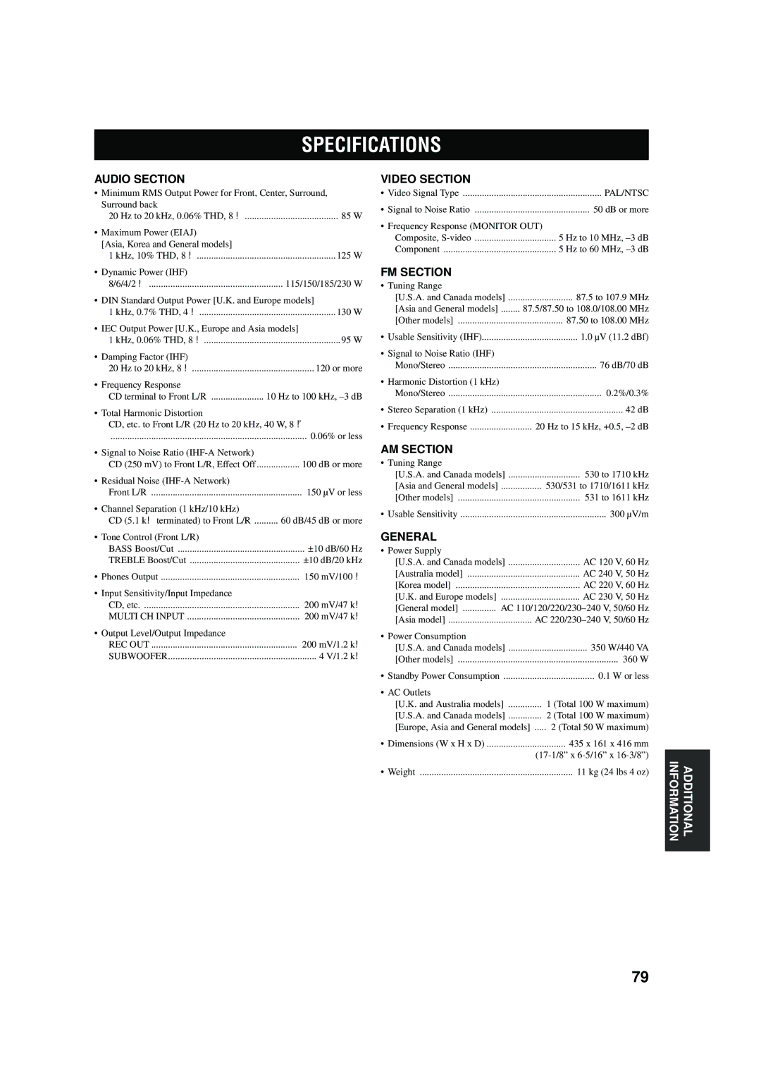 Yamaha RX-V457 owner manual Specifications 