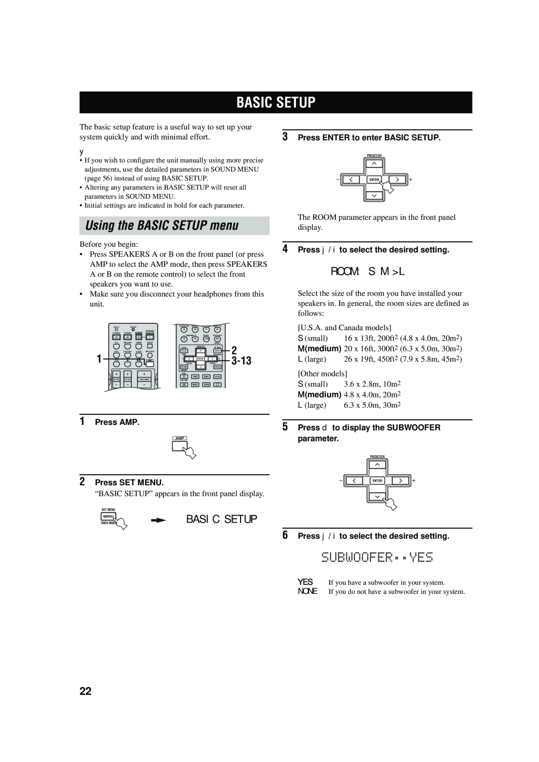 Yamaha RX-V457 owner manual Basic Setup, Using the BASIC SETUP menu, Subwoofer..Yes, Room S M L, 3-13 
