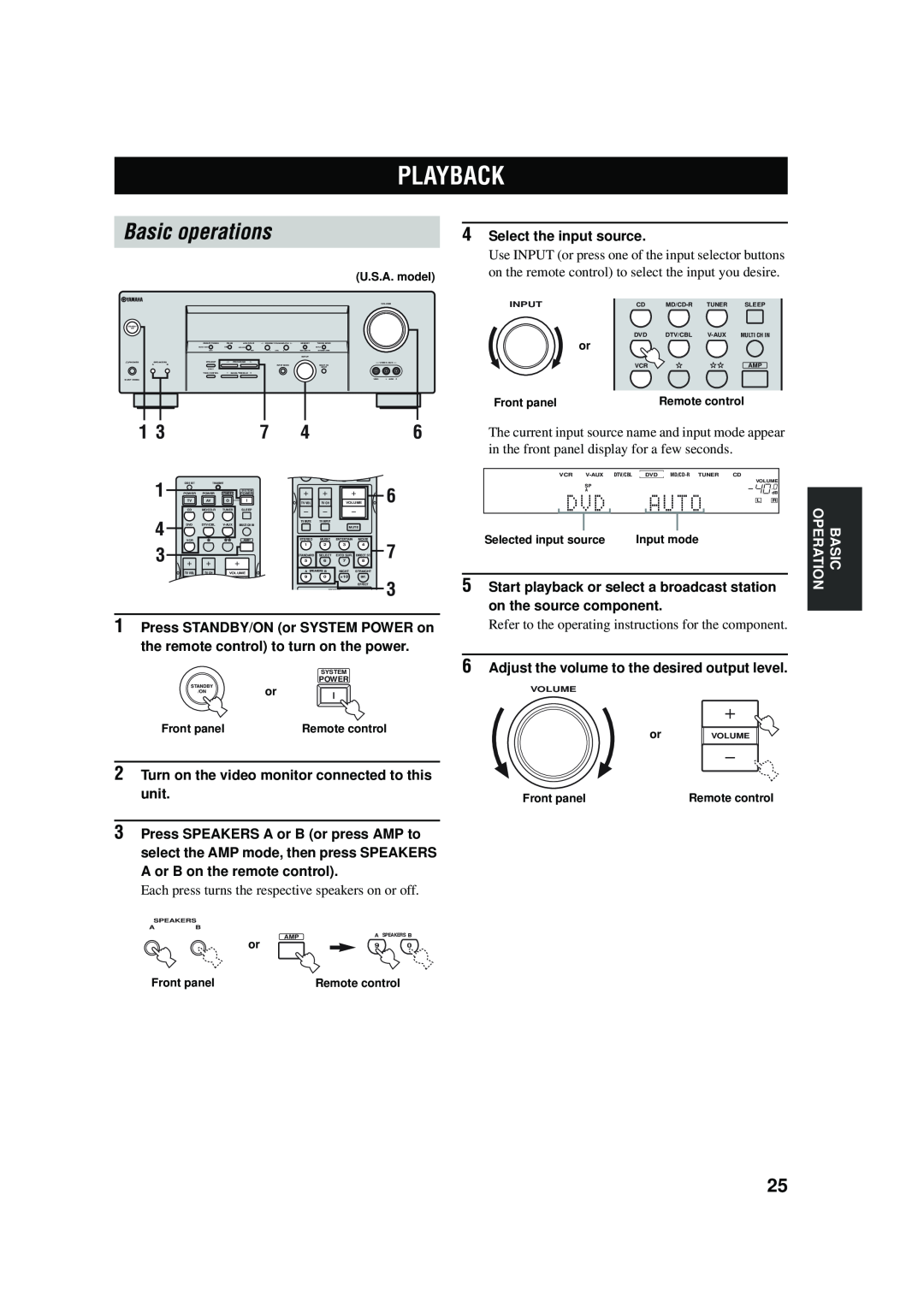 Yamaha RX-V457 owner manual Playback, Basic operations 