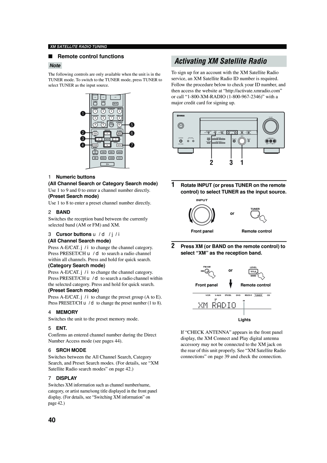 Yamaha RX-V457 owner manual Activating XM Satellite Radio, Xmradio, Remote control functions 
