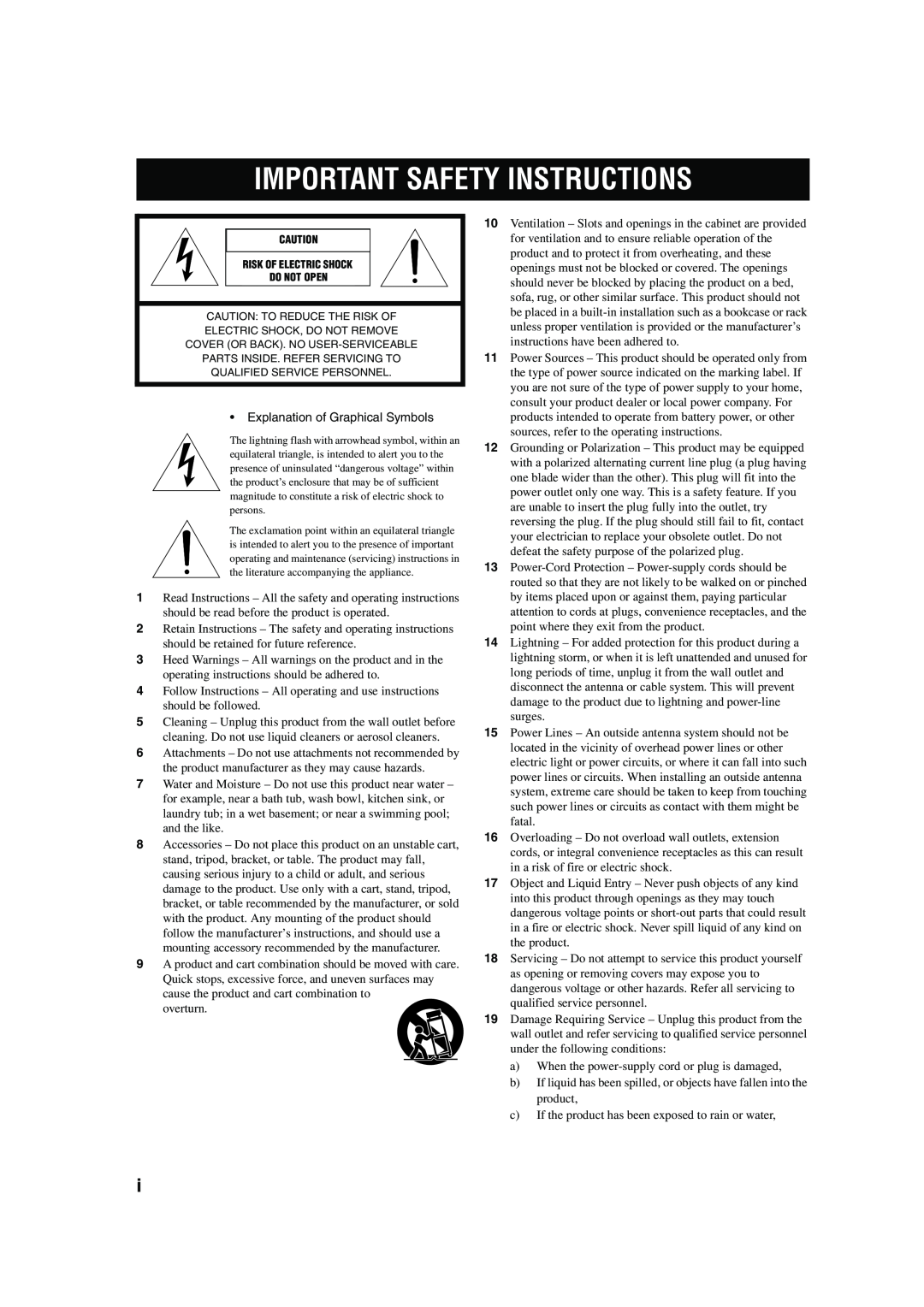 Yamaha RX-V457 owner manual Important Safety Instructions, overturn 