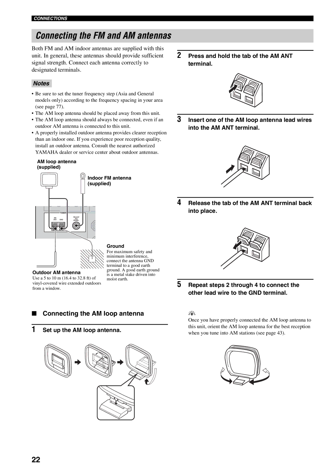 Yamaha RX-V459 Connecting the AM loop antenna, Repeat steps 2 through 4 to connect, Other lead wire to the GND terminal 