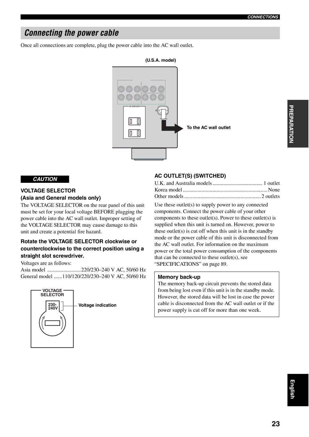 Yamaha RX-V459 owner manual Connecting the power cable, Asia and General models only, Memory back-up 