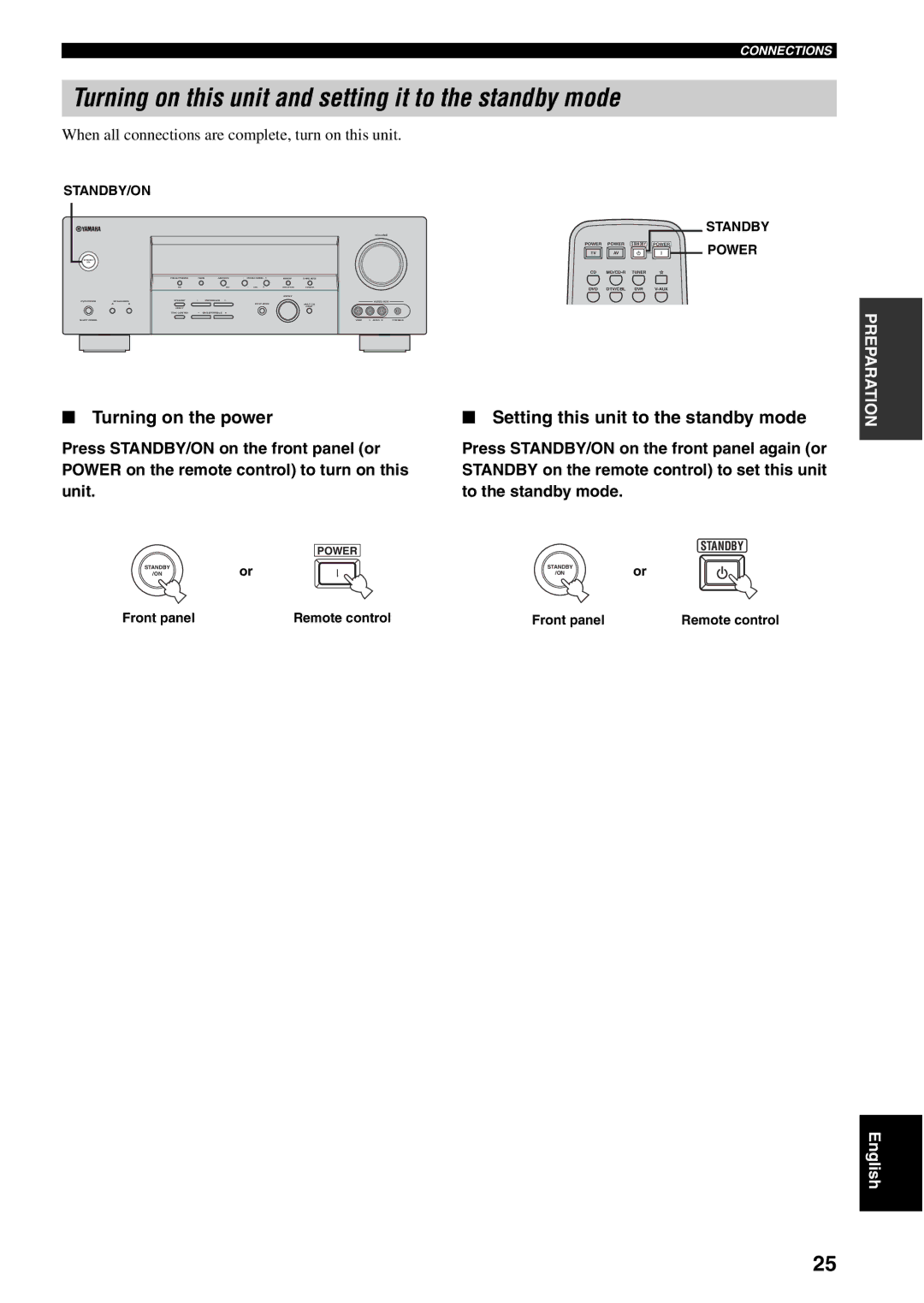 Yamaha RX-V459 owner manual Turning on this unit and setting it to the standby mode, Remote control Front panel 