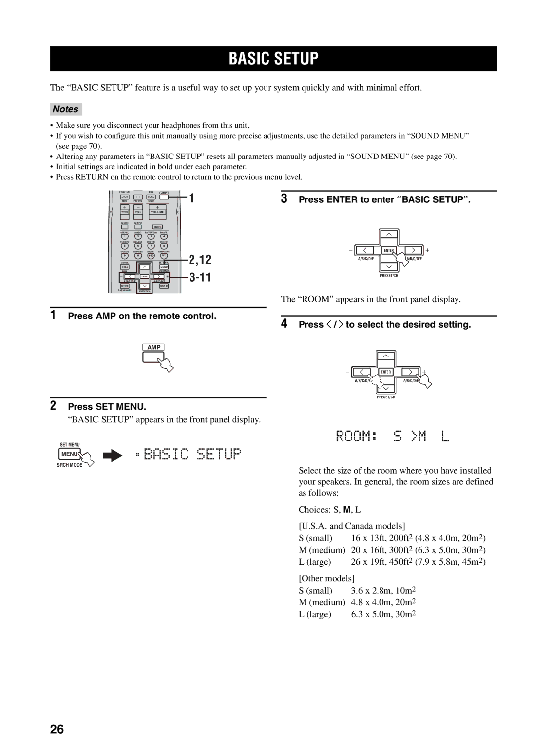 Yamaha RX-V459 owner manual Press Enter to enter Basic Setup, Press AMP on the remote control, Press SET Menu 