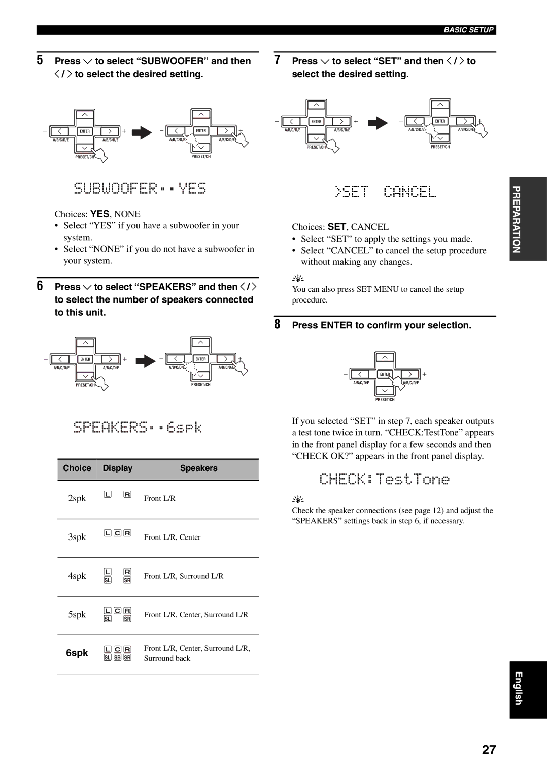 Yamaha RX-V459 owner manual Press Enter to confirm your selection, 6spk 