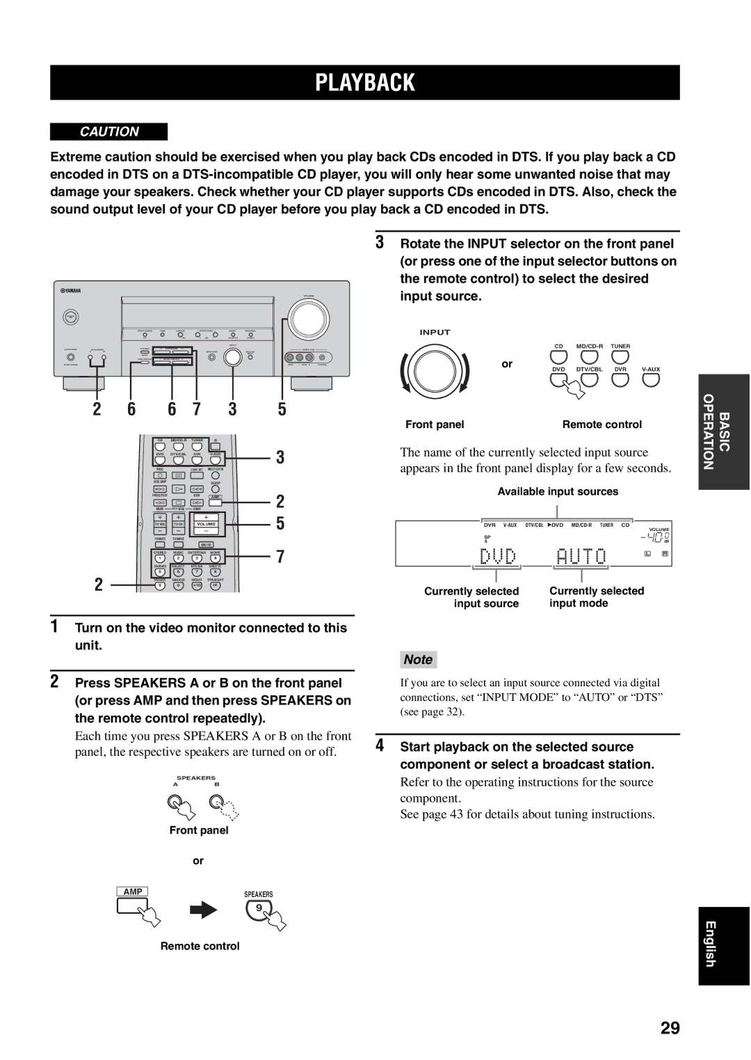 Yamaha RX-V459 owner manual Playback, Turn on the video monitor connected to this unit, Available input sources 