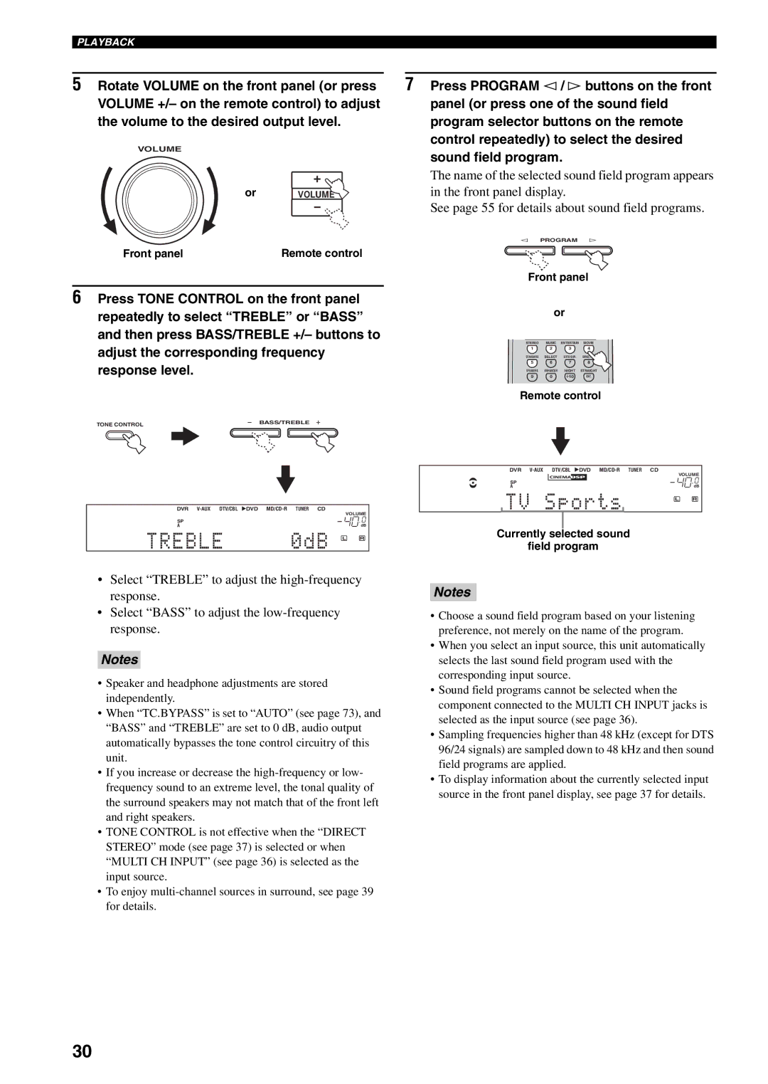 Yamaha RX-V459 owner manual Treble, Currently selected sound Field program 