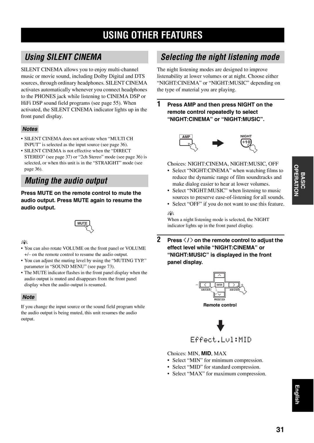 Yamaha RX-V459 owner manual Using Other Features, Using Silent Cinema, Muting the audio output 