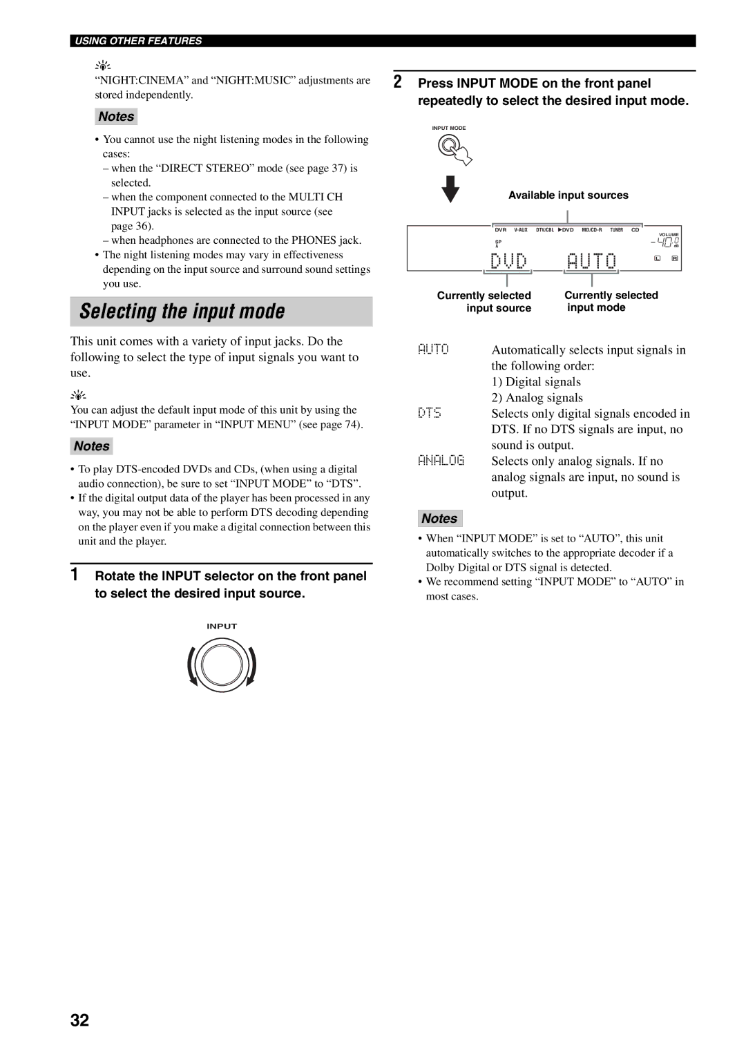 Yamaha RX-V459 owner manual Selecting the input mode, Dts, Analog 