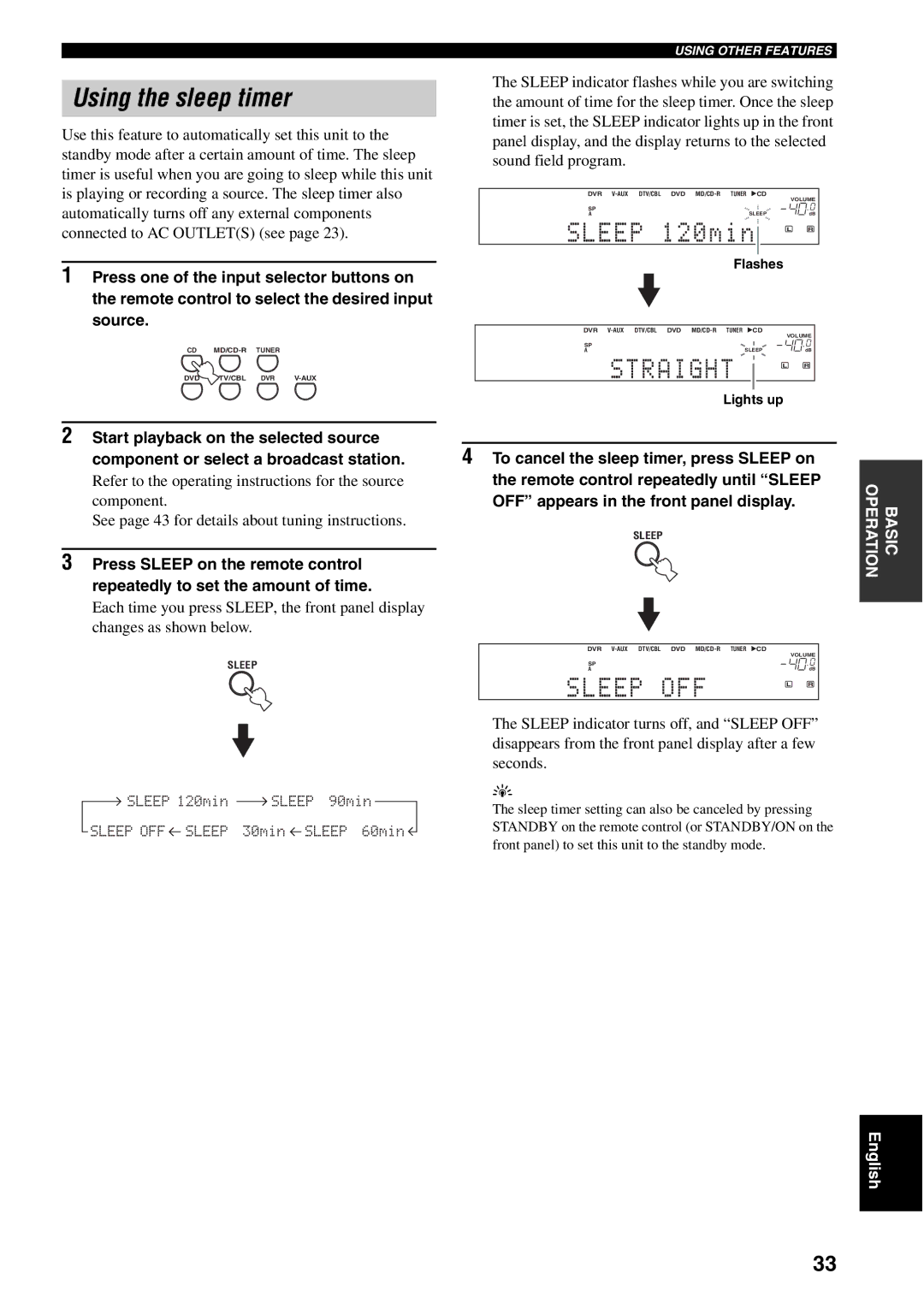 Yamaha RX-V459 owner manual Using the sleep timer, Flashes, Lights up 