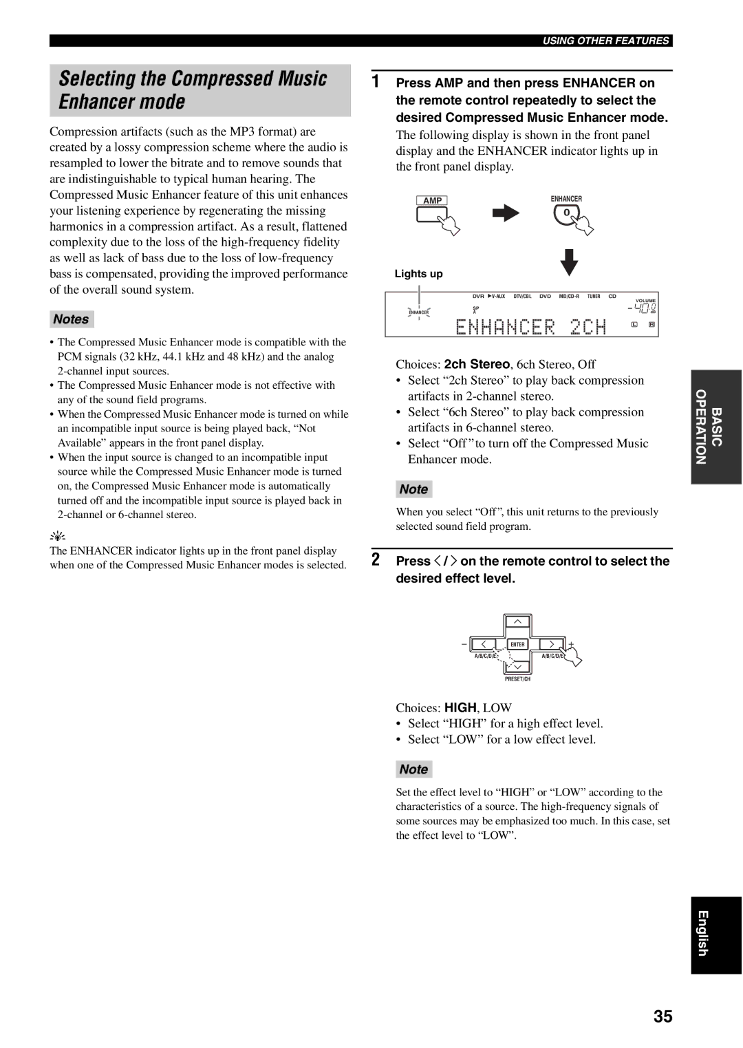 Yamaha RX-V459 owner manual Selecting the Compressed Music Enhancer mode, Enhancer 2CH L R 