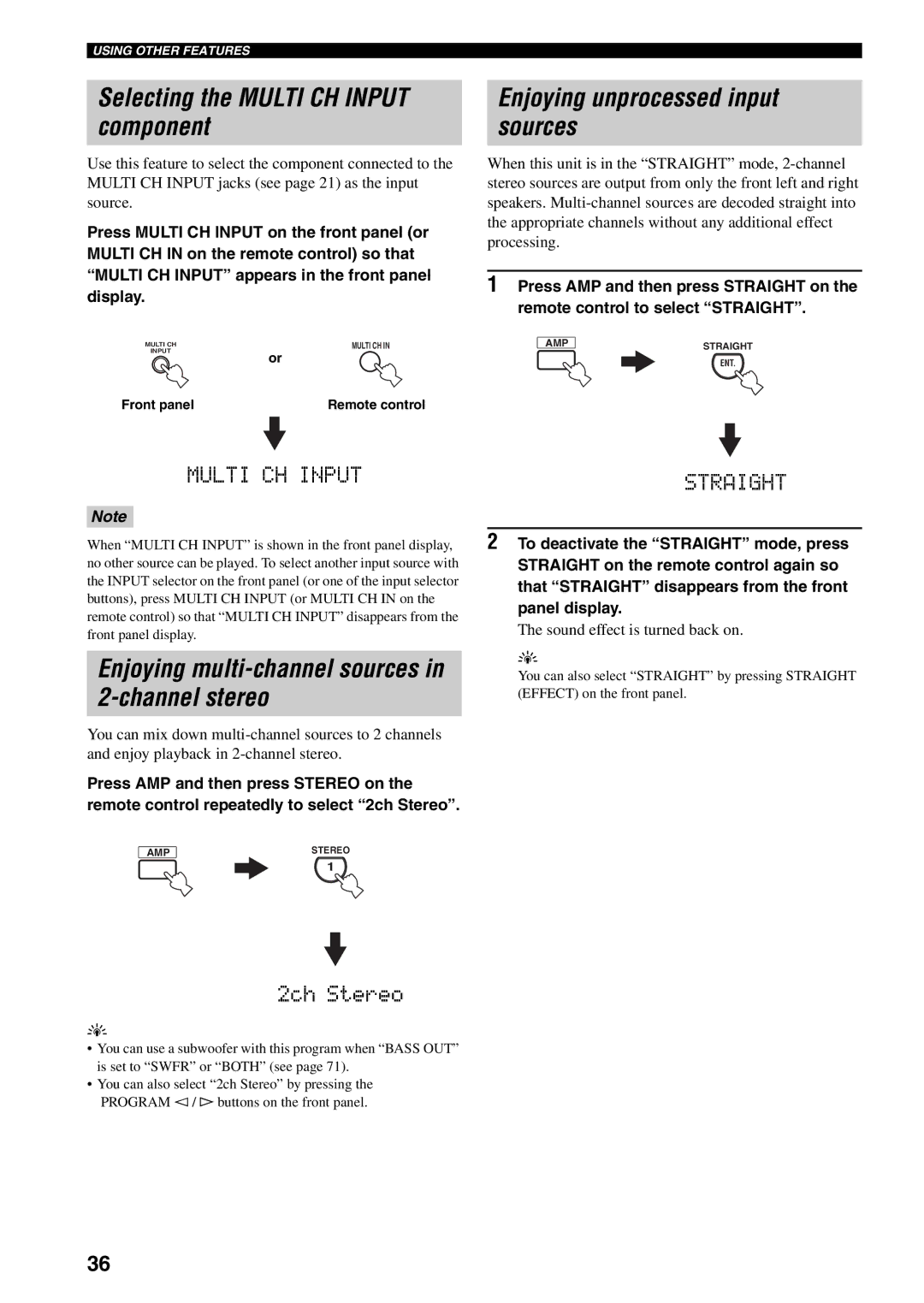 Yamaha RX-V459 owner manual Selecting the Multi CH Input component, Enjoying unprocessed input sources, Channel stereo 