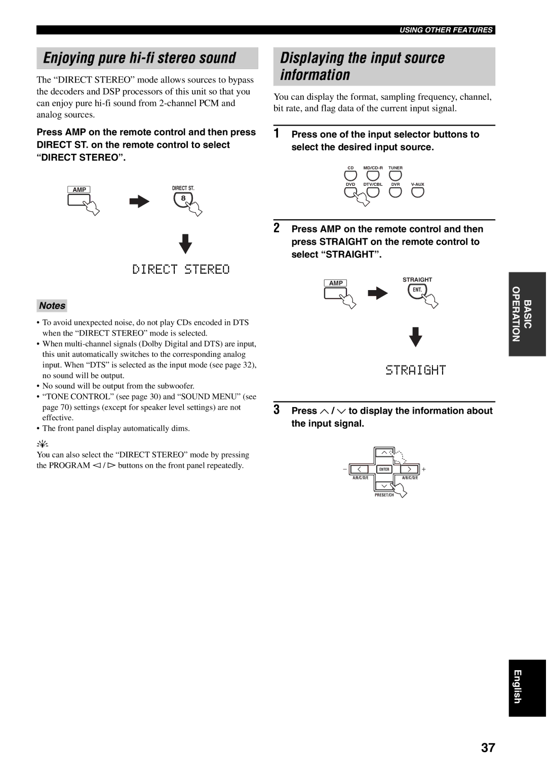 Yamaha RX-V459 owner manual Displaying the input source information, Enjoying pure hi-fi stereo sound 