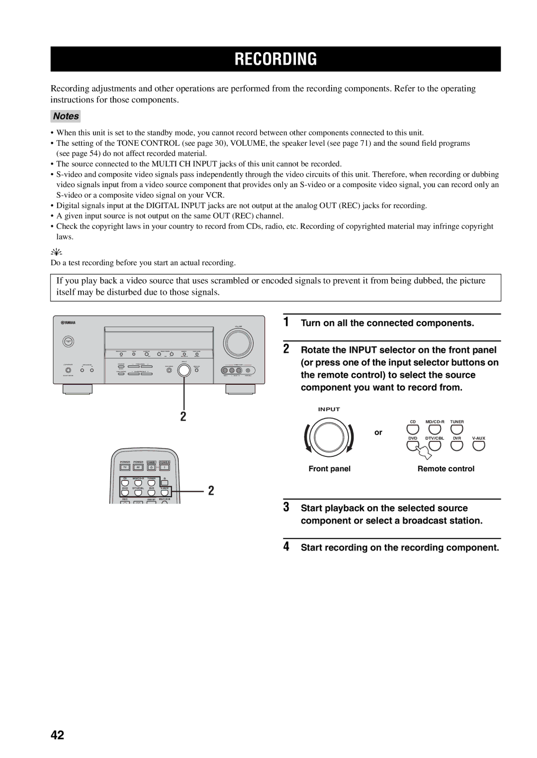 Yamaha RX-V459 owner manual Recording, Front panel 