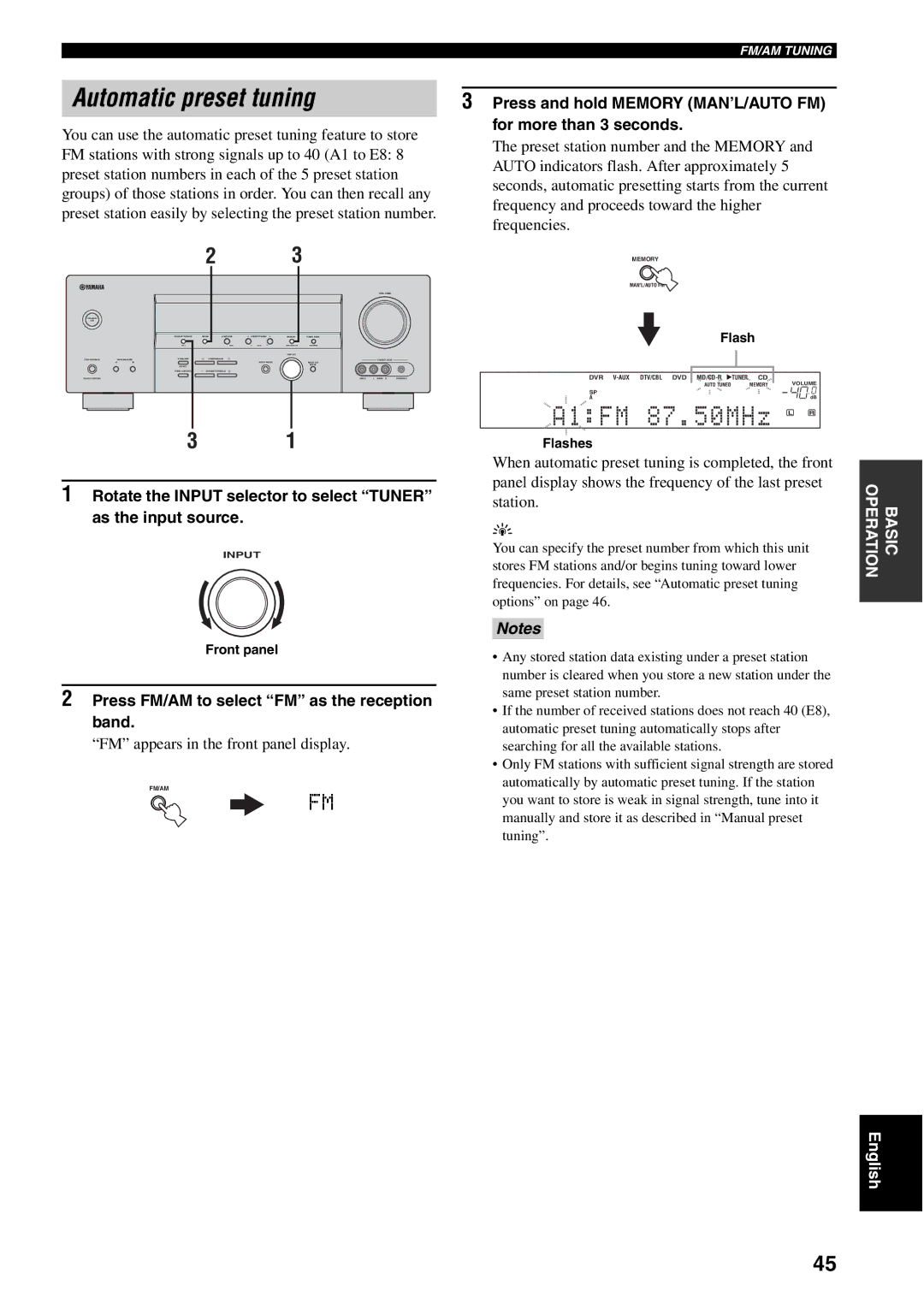 Yamaha RX-V459 owner manual Automatic preset tuning, Press FM/AM to select FM as the reception band, Flash 