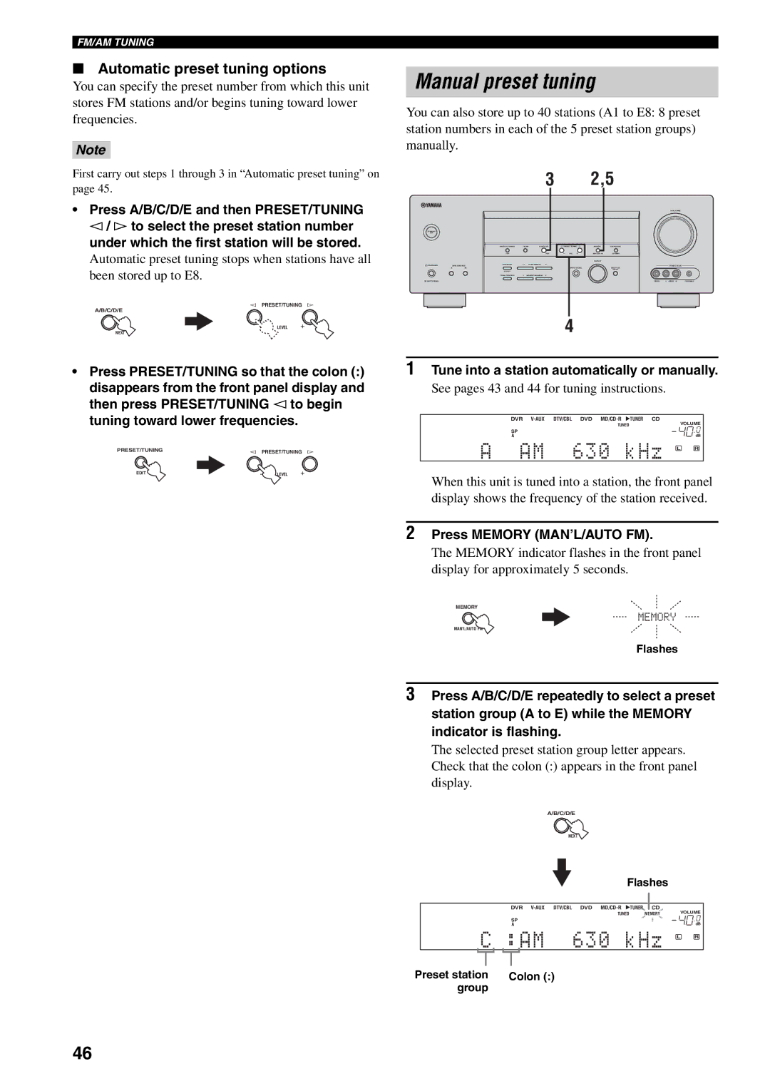 Yamaha RX-V459 Manual preset tuning, Automatic preset tuning options, Tune into a station automatically or manually 