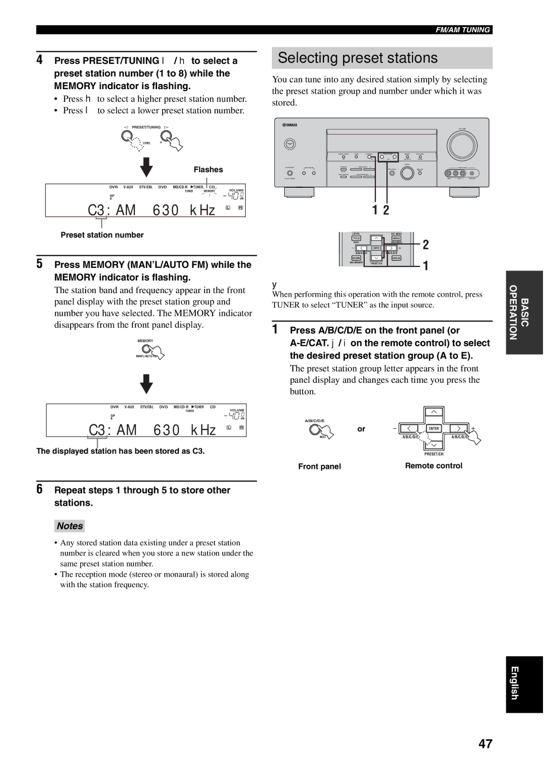 Yamaha RX-V459 Selecting preset stations, Repeat steps 1 through 5 to store other stations, Preset station number 