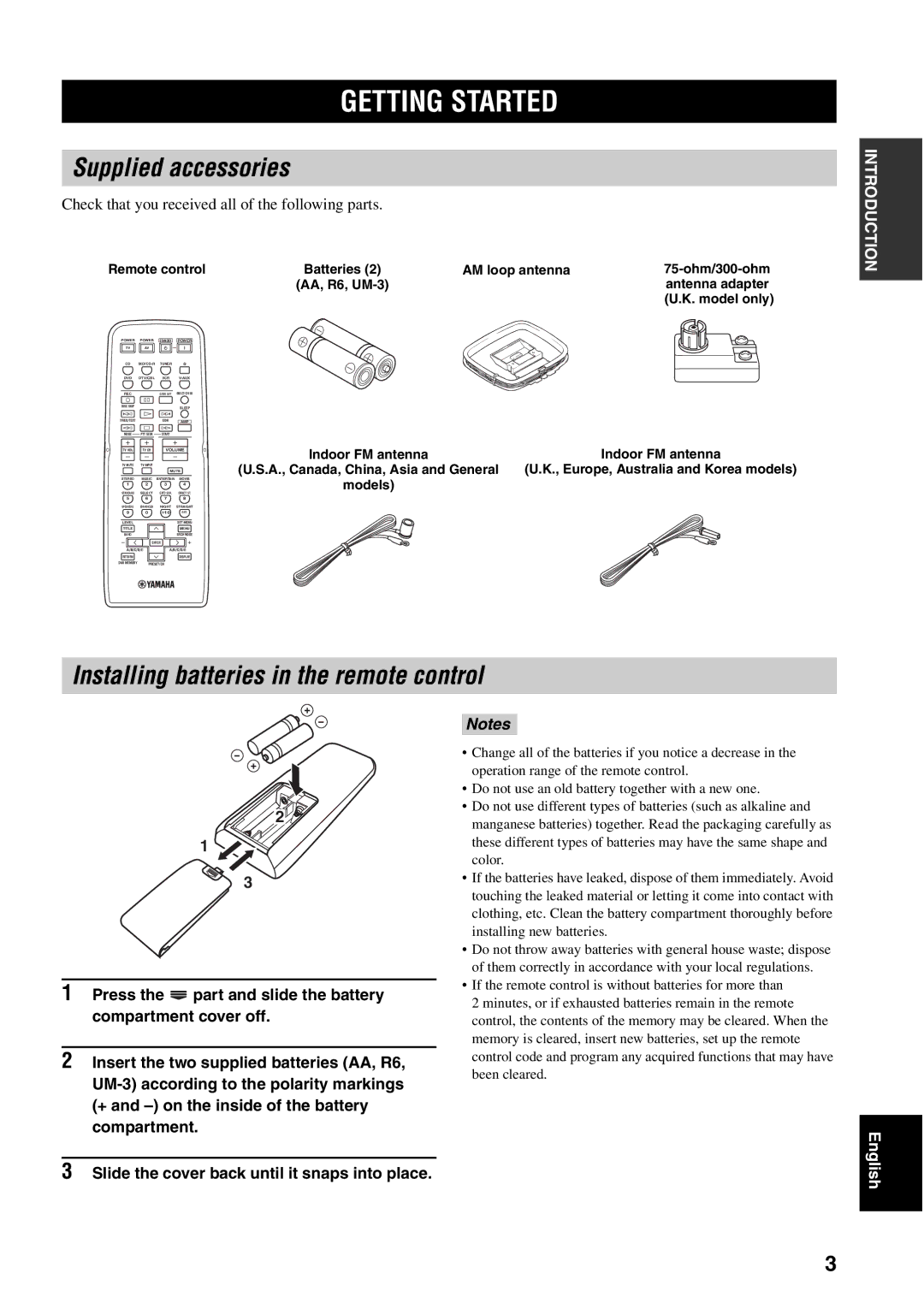 Yamaha RX-V459 owner manual Getting Started, Supplied accessories, Installing batteries in the remote control 