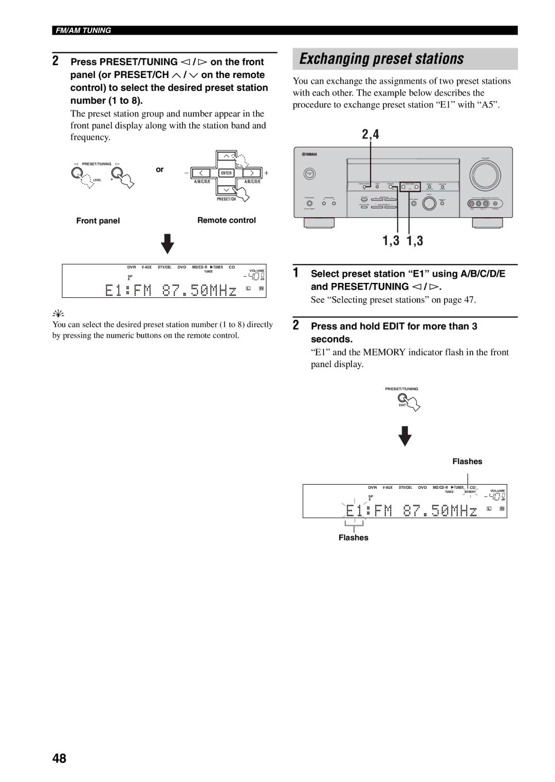 Yamaha RX-V459 Exchanging preset stations, See Selecting preset stations on, Press and hold Edit for more than 3 seconds 