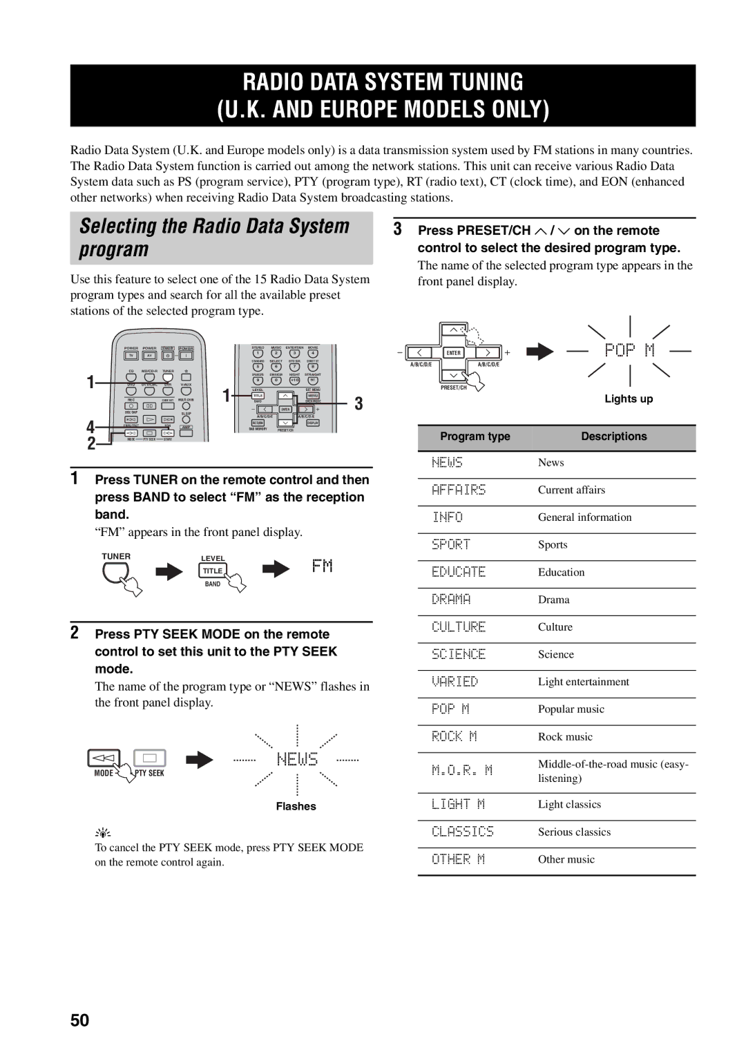 Yamaha RX-V459 owner manual Radio Data System Tuning Europe Models only, Program, Press PRESET/CH u / d on the remote 