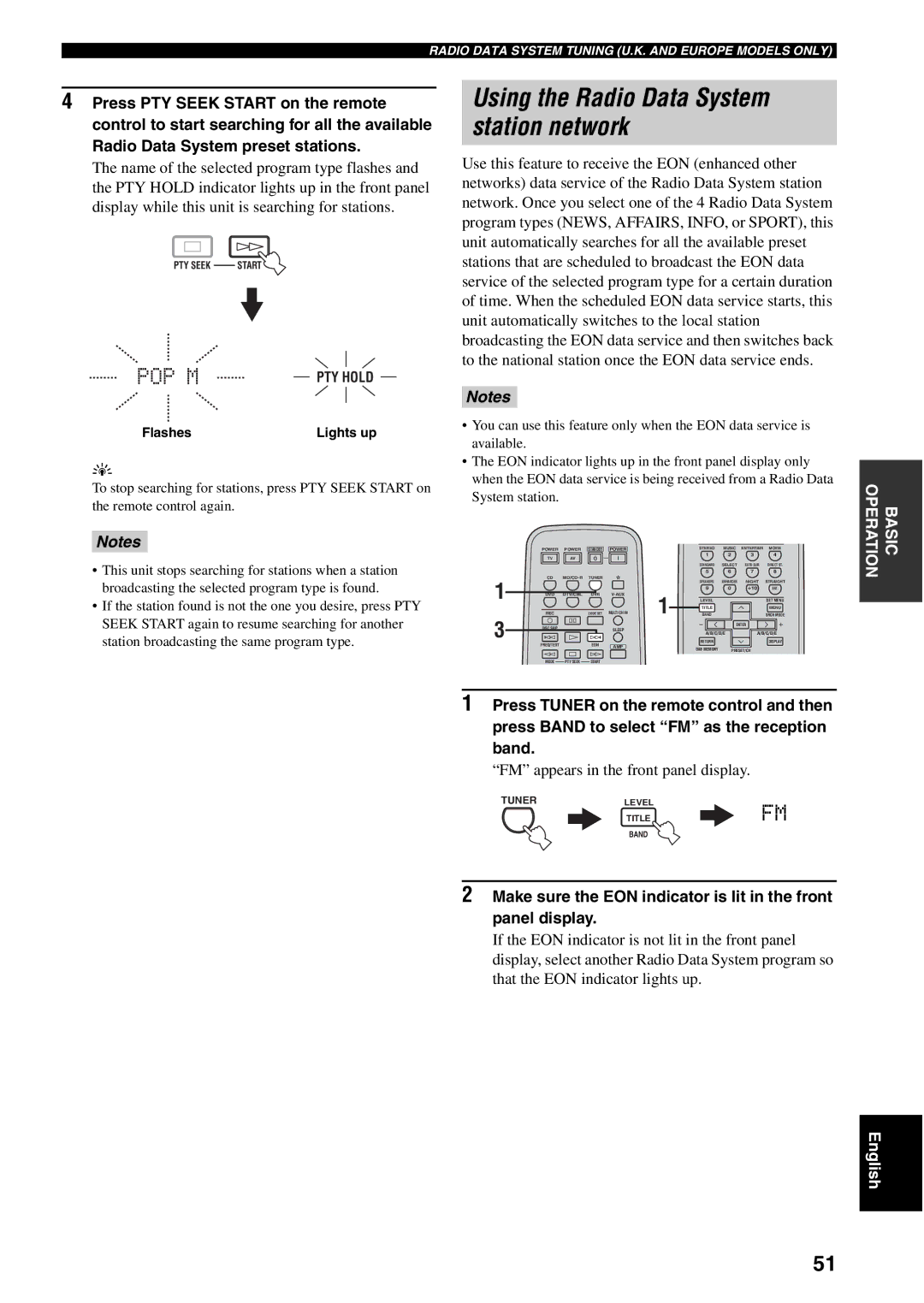 Yamaha RX-V459 owner manual Using the Radio Data System station network, Pop M 